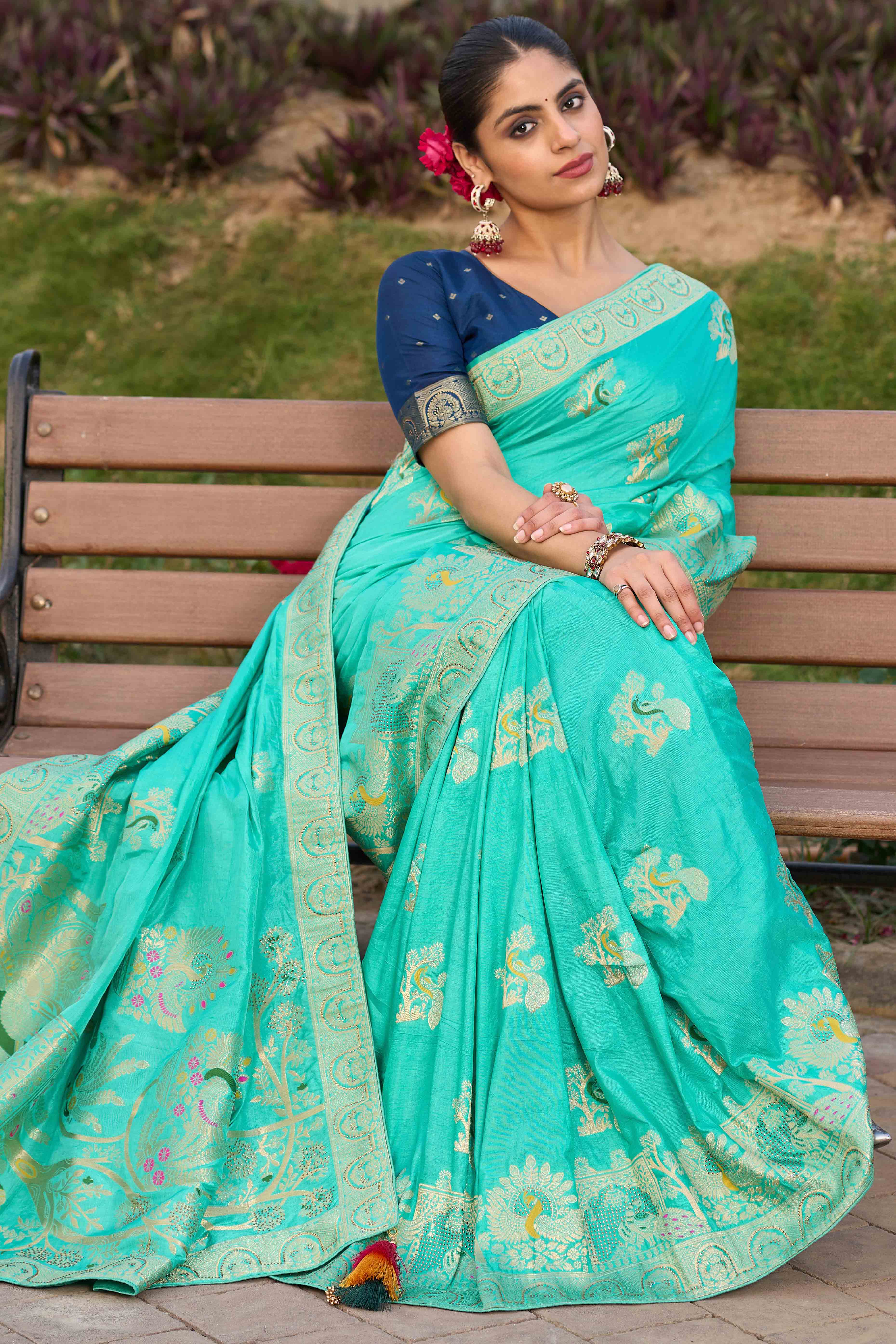 Radiant Turquoise Dola Silk Saree With Intricate Zari Weaving & Swarovski Accents - Image 4