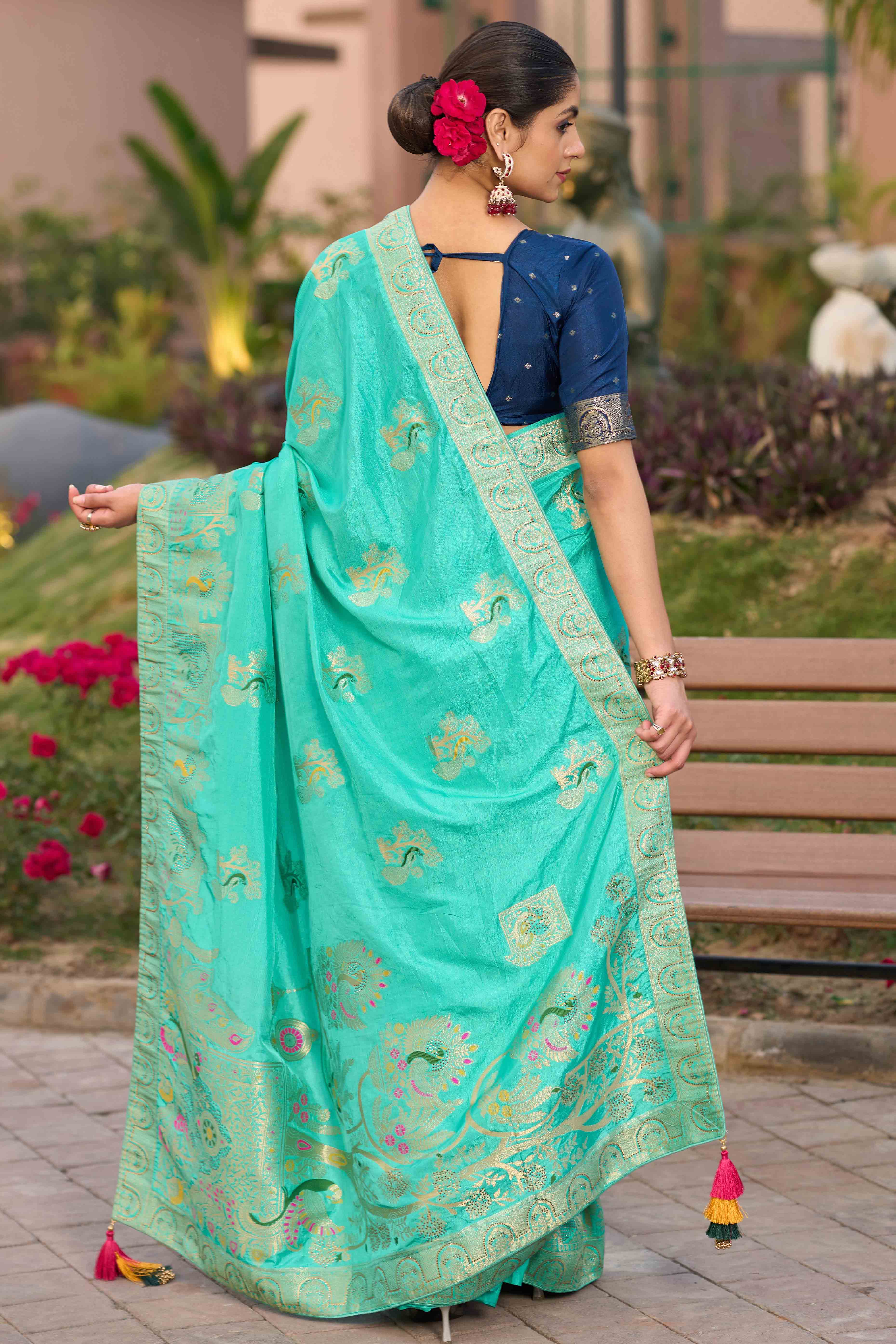 Radiant Turquoise Dola Silk Saree With Intricate Zari Weaving & Swarovski Accents - Image 5