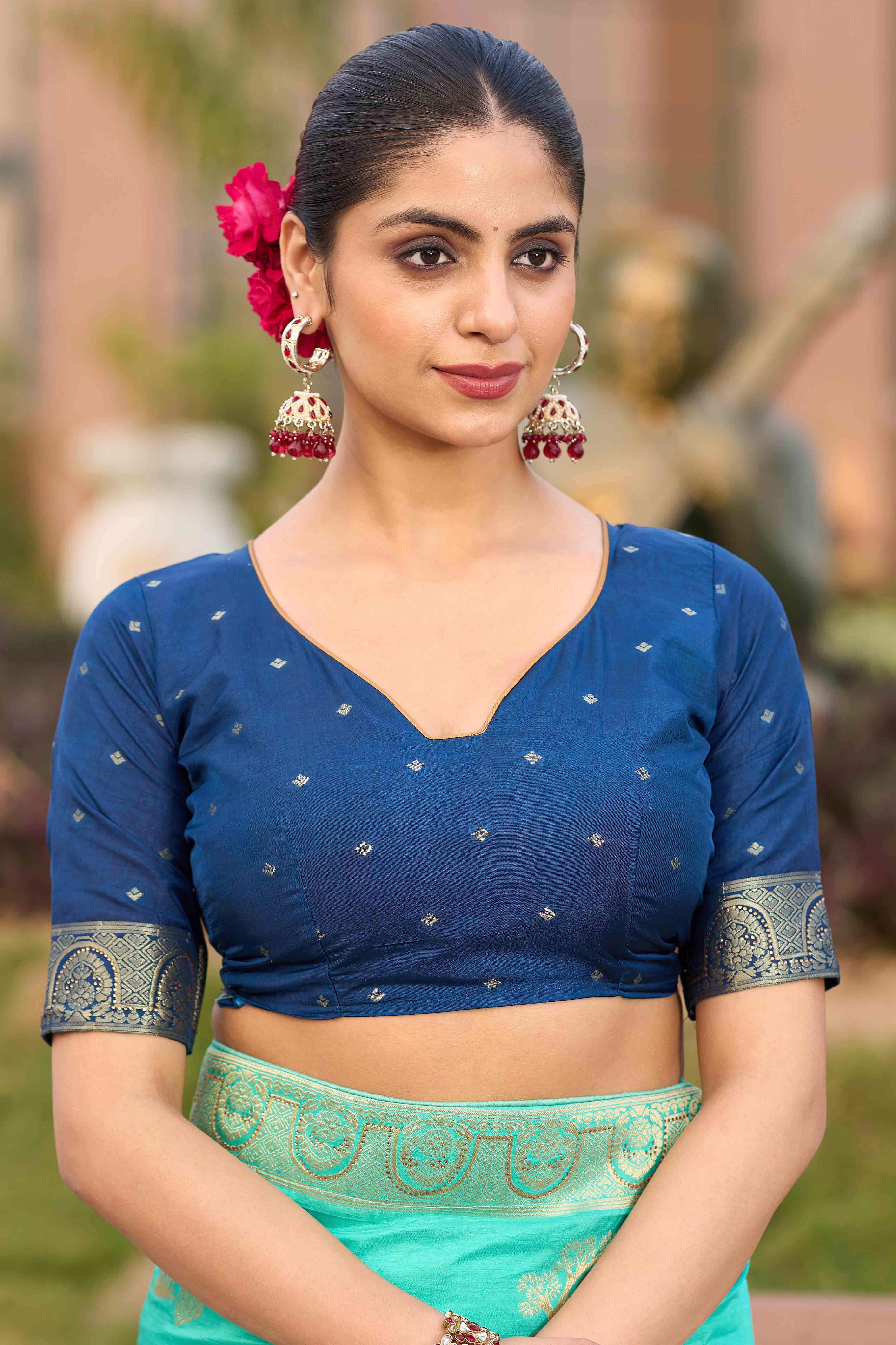 Radiant Turquoise Dola Silk Saree With Intricate Zari Weaving & Swarovski Accents - Image 6