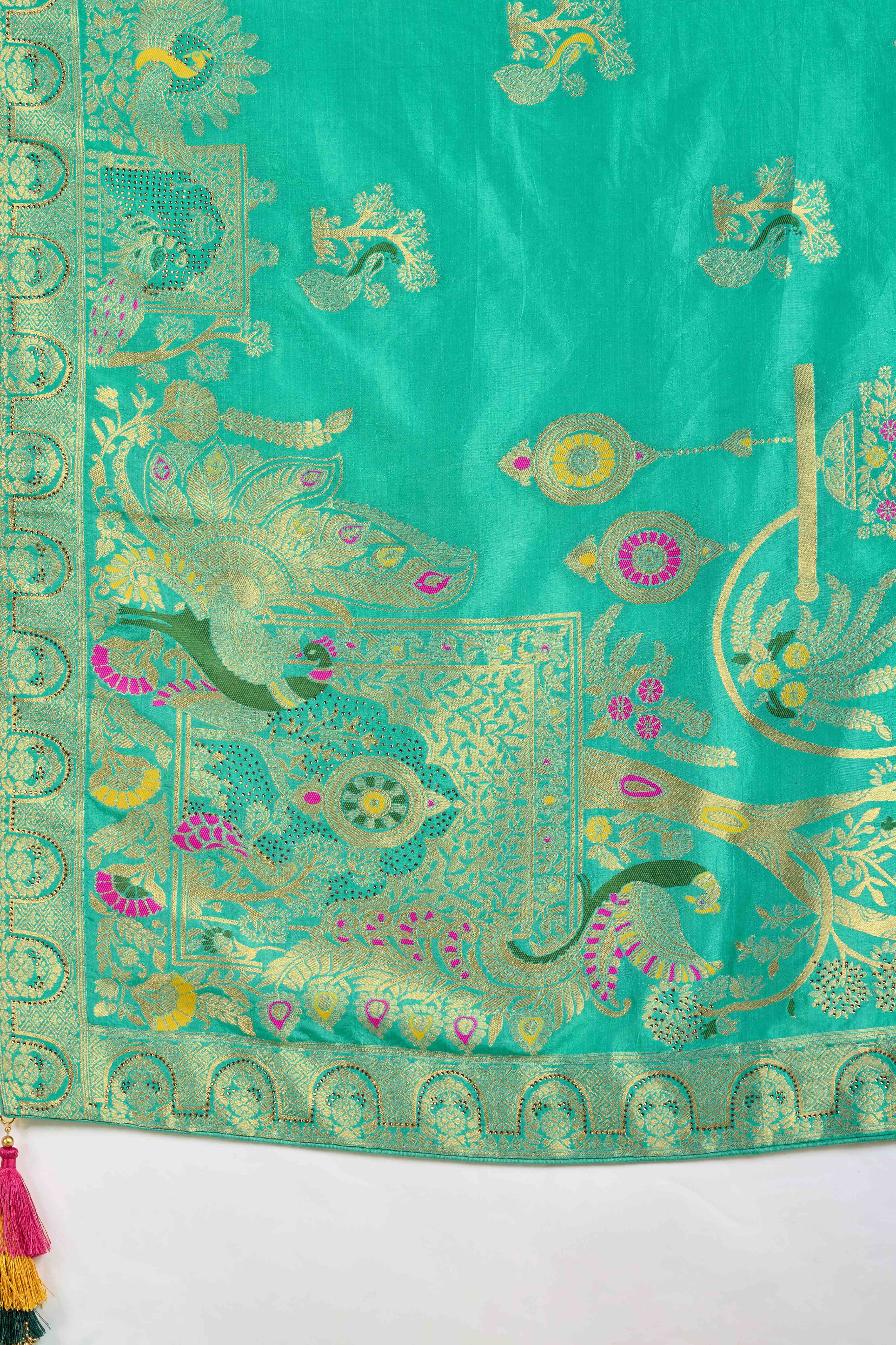 Radiant Turquoise Dola Silk Saree With Intricate Zari Weaving & Swarovski Accents - Image 7