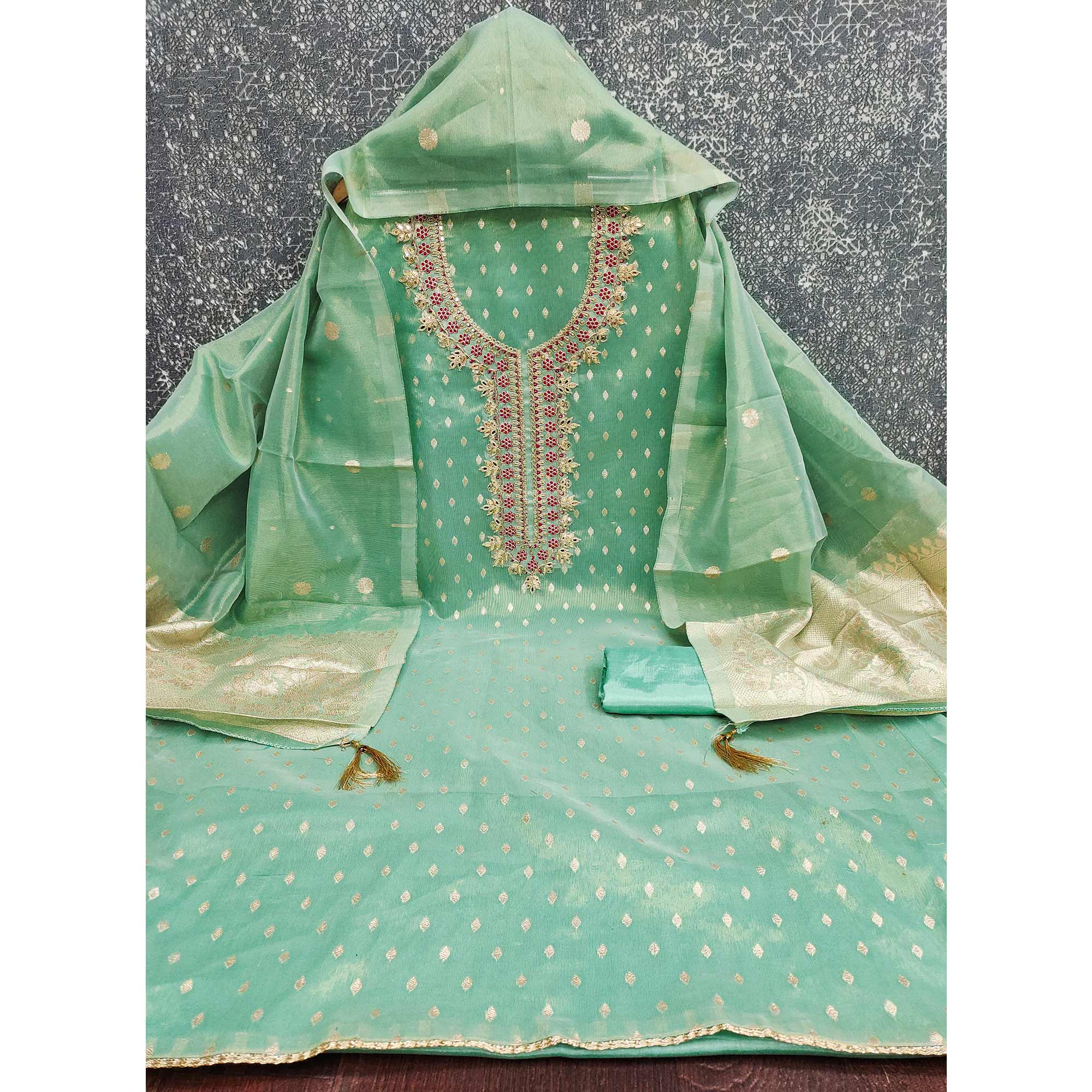 Radiant Turquoise Jacquard Butti Shimmer Silk Dress Material With Elegant Cording Sequins Embroidery - Image 4