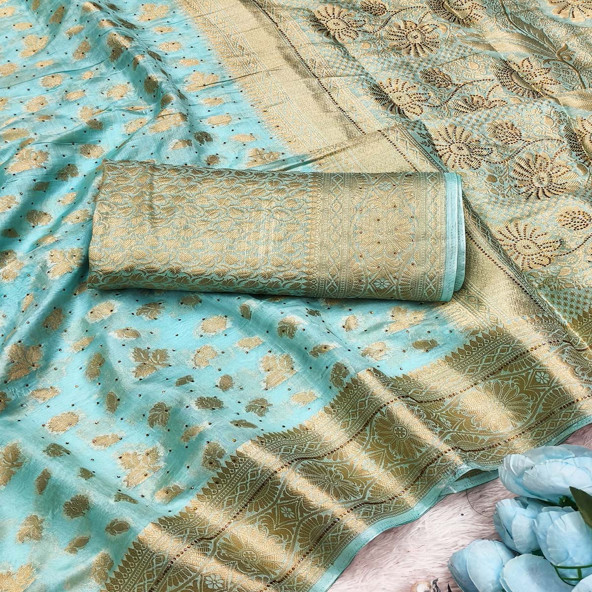 Radiant Turquoise Tissue Banarasi Saree With Intricate Floral Zari Weaving & Stone Embellishments - Image 2