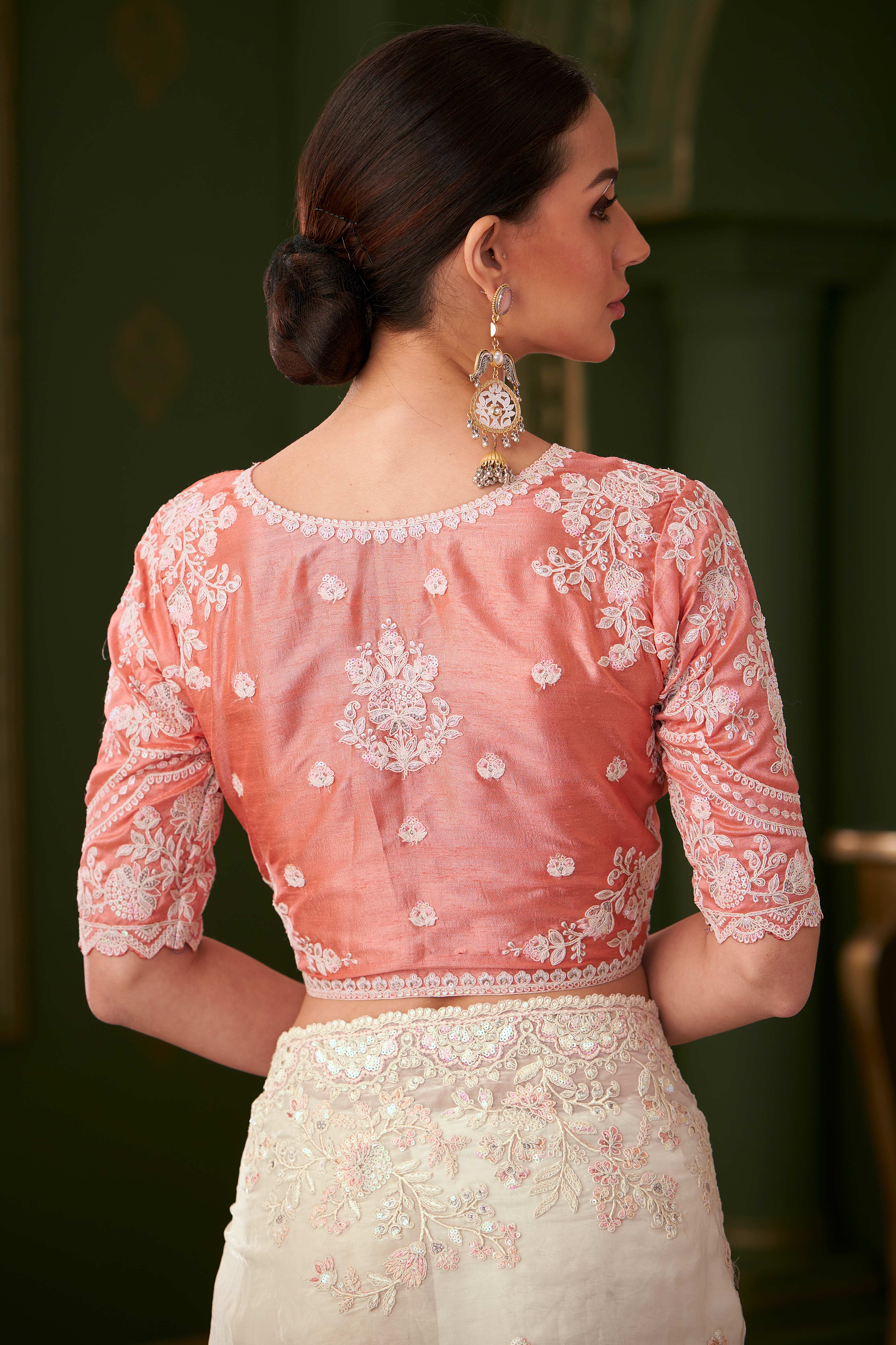 Radiant White Georgette Saree Adorned With Floral Cording Sequins Embroidery & Cutwork Border - Image 6