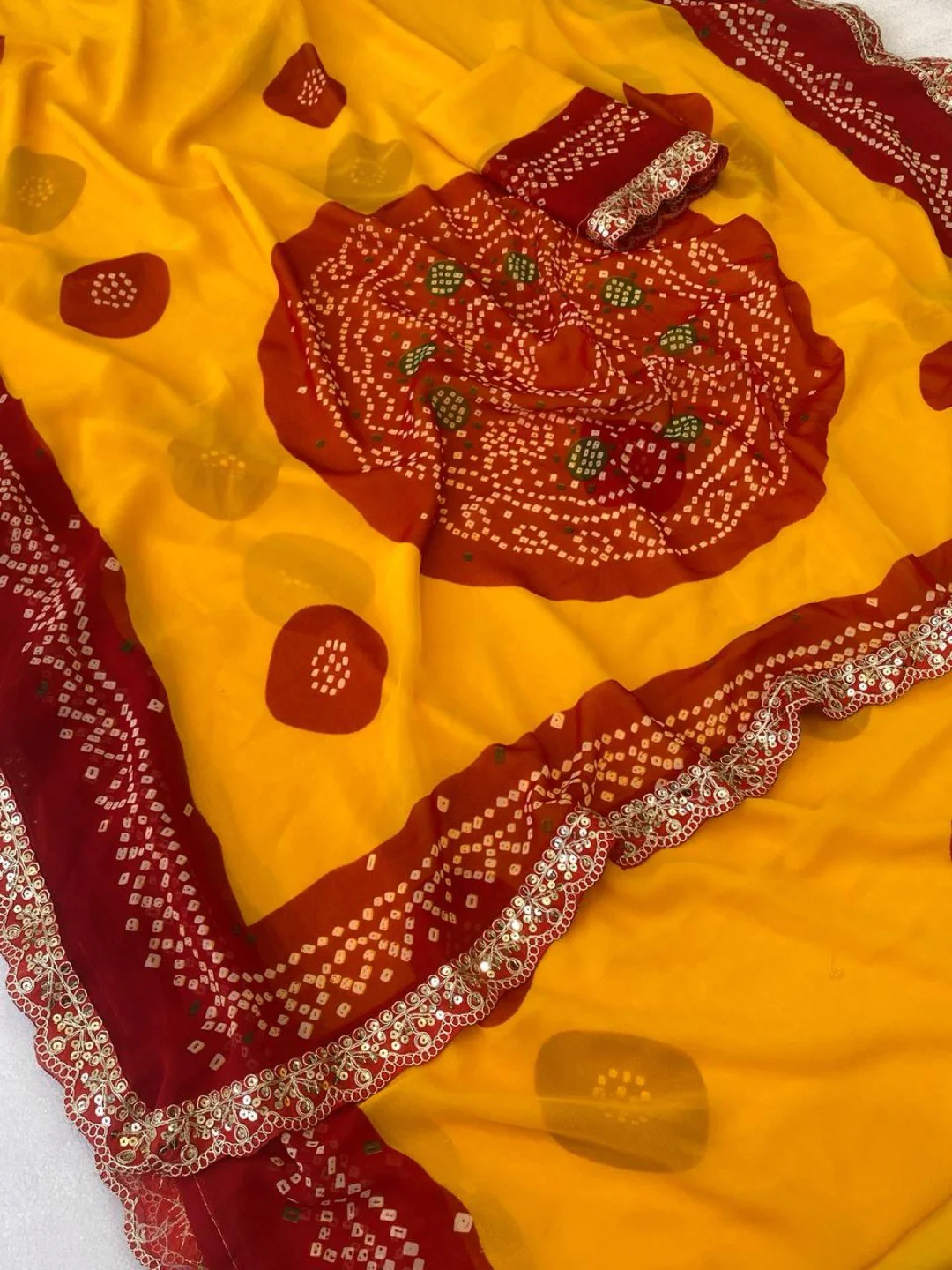 Radiant Yellow Bandhani Printed Georgette Saree With Cording & Sequins Embroidered Lace Border - Image 3