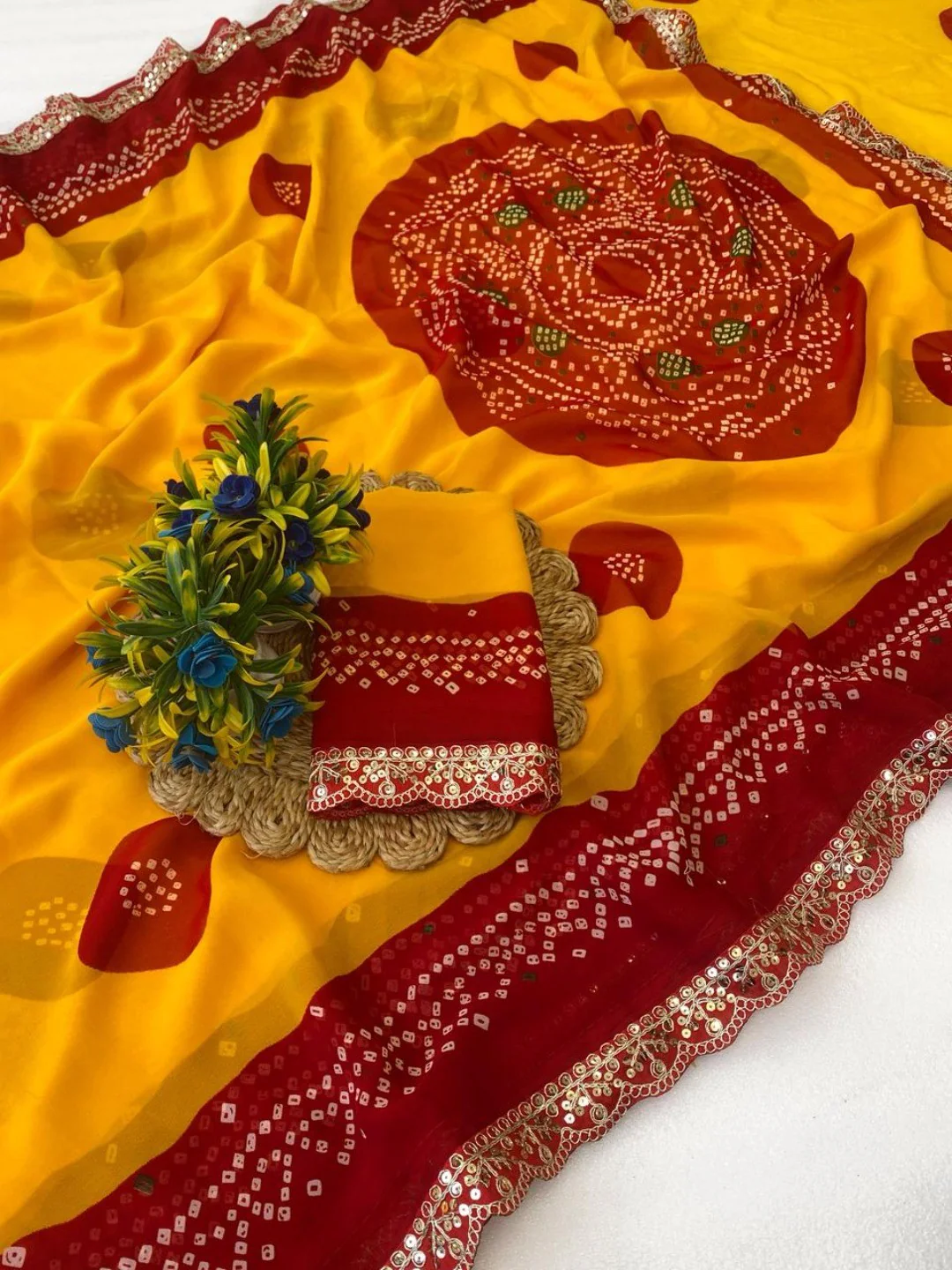 Radiant Yellow Bandhani Printed Georgette Saree With Cording & Sequins Embroidered Lace Border - Image 4