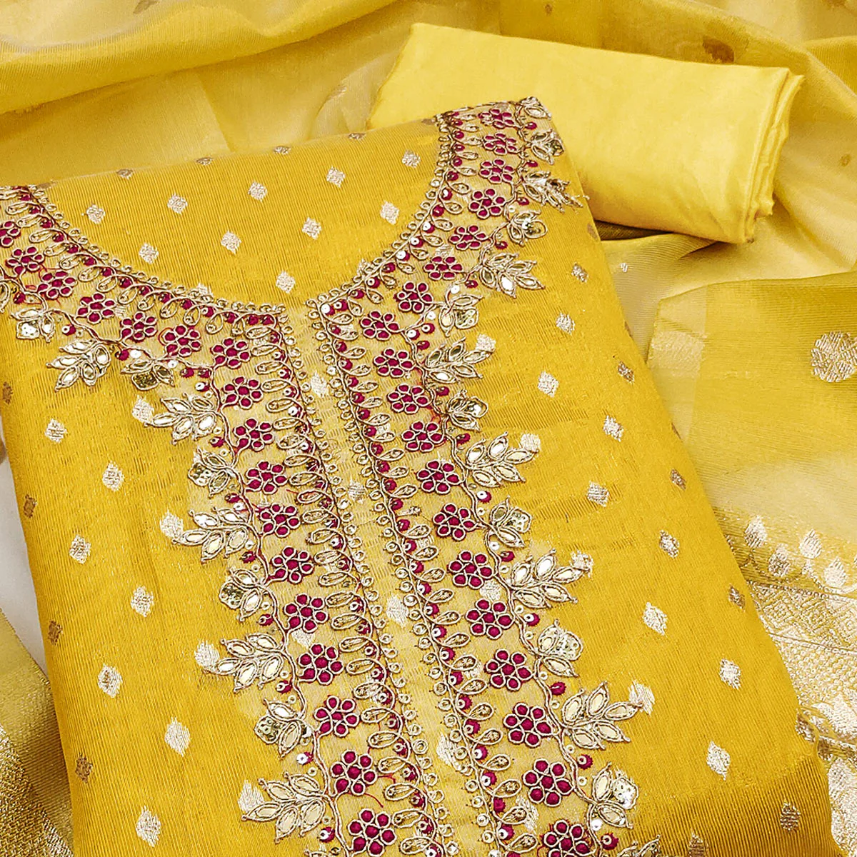Radiant Yellow Jacquard Butti Shimmer Silk Dress Material With Elegant Cording Sequins Embroidery - Image 2