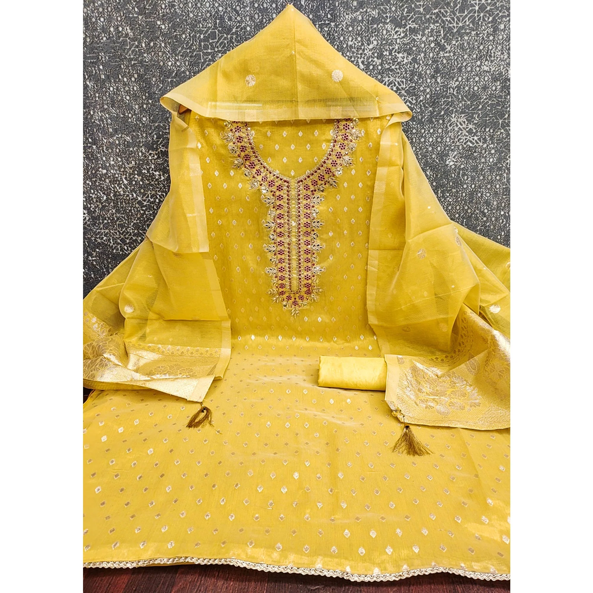 Radiant Yellow Jacquard Butti Shimmer Silk Dress Material With Elegant Cording Sequins Embroidery - Image 4