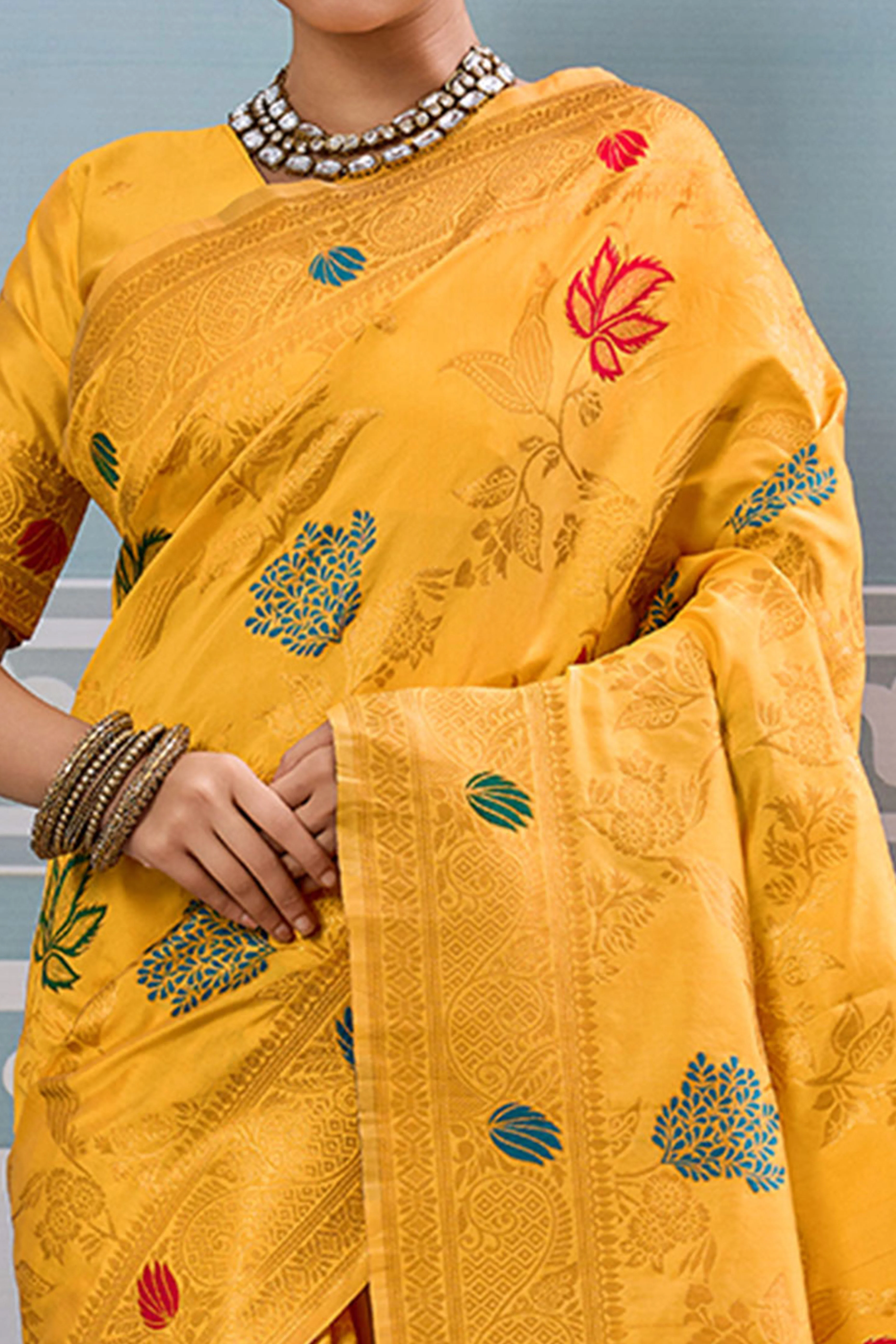 Radiant Yellow Silk Blend Saree Adorned With Intricate Floral Zari Weaving & Tassel Pallu - Image 2