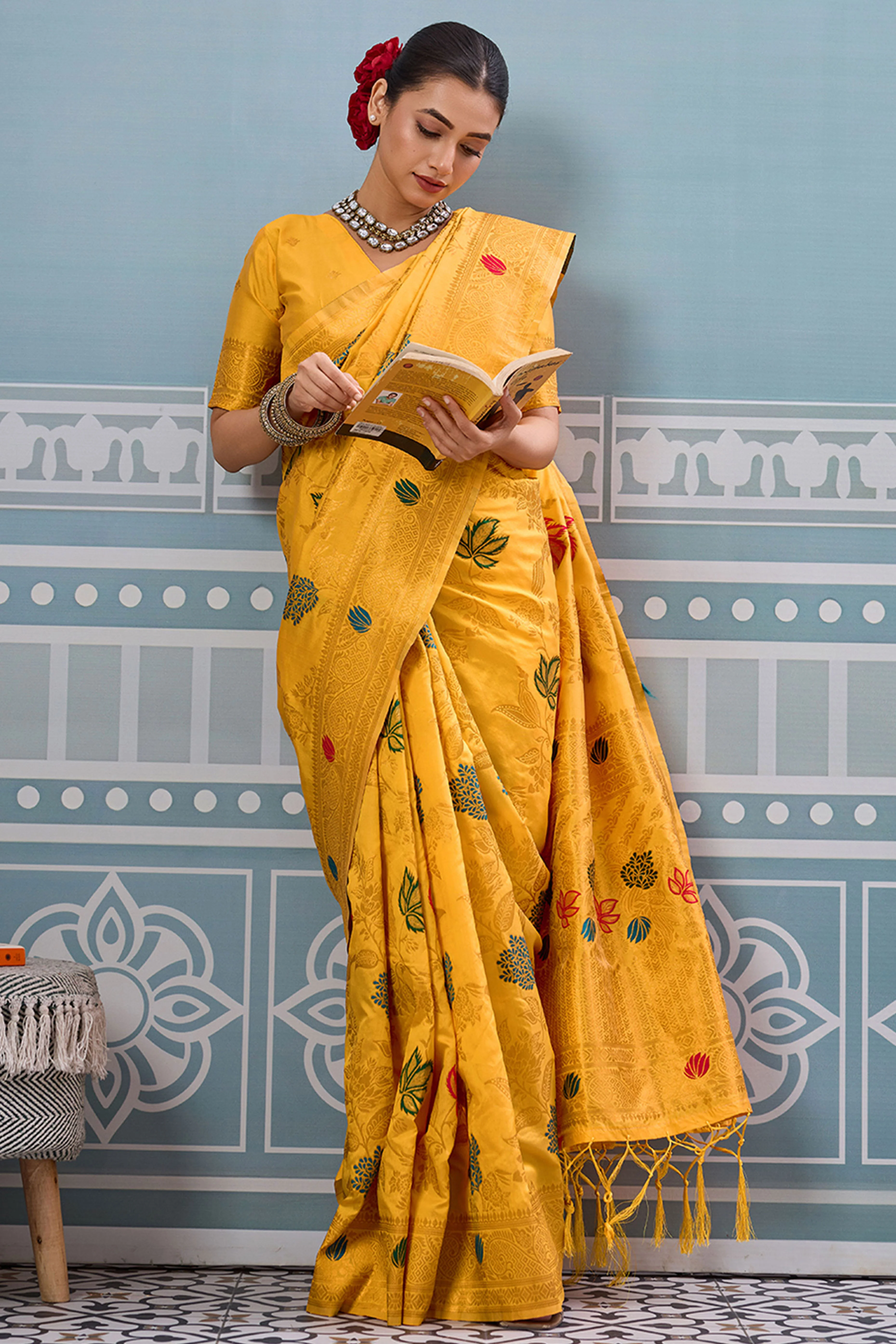 Radiant Yellow Silk Blend Saree Adorned With Intricate Floral Zari Weaving & Tassel Pallu - Image 3