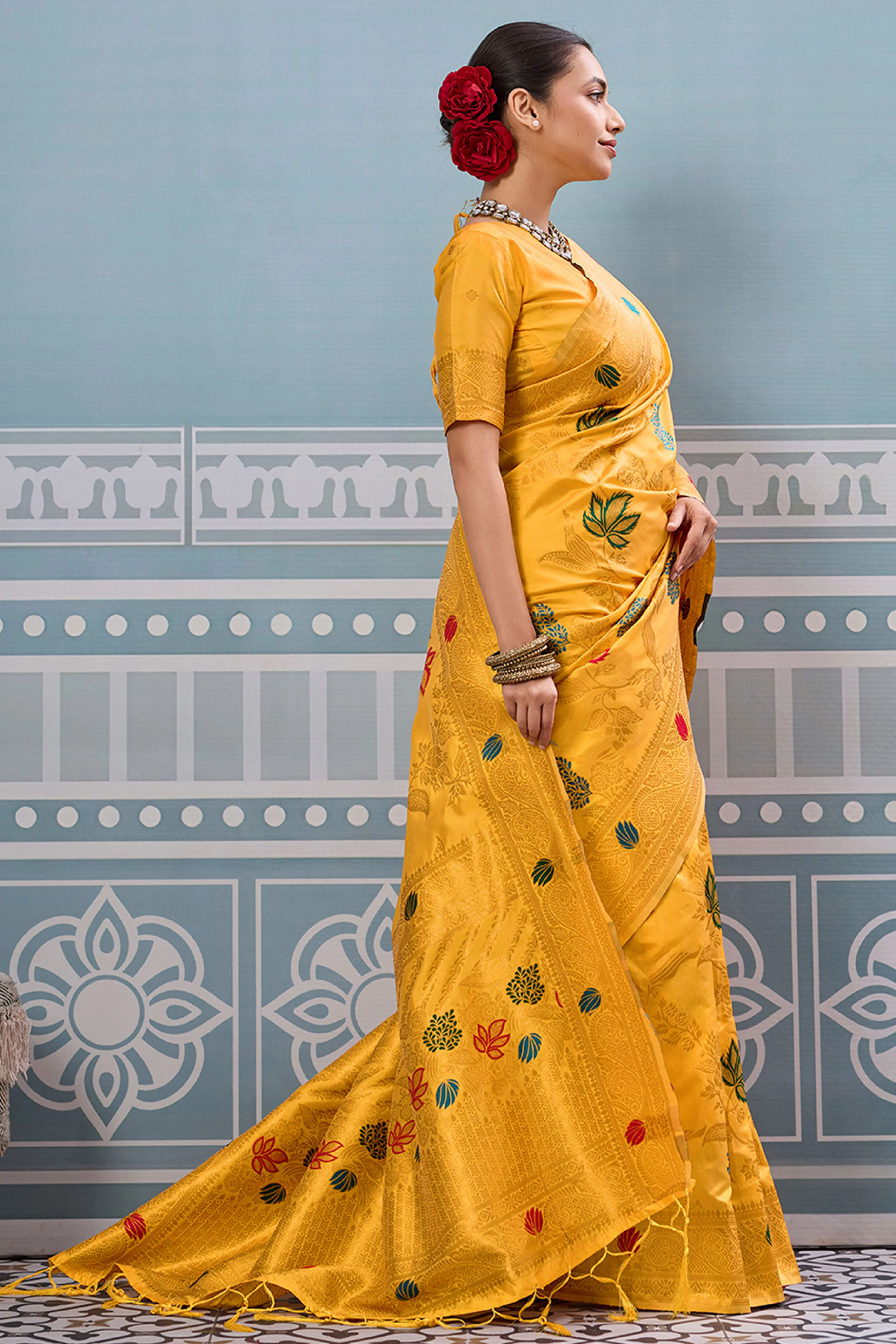Radiant Yellow Silk Blend Saree Adorned With Intricate Floral Zari Weaving & Tassel Pallu - Image 4