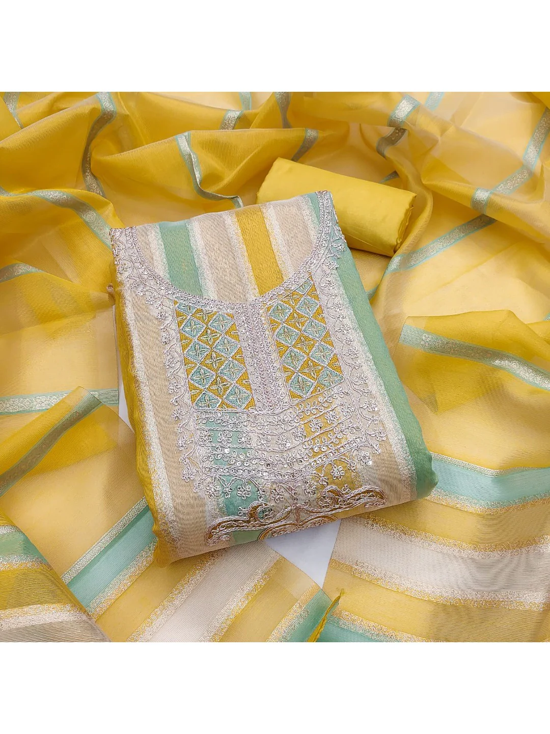 Radiant Yellow Striped Weaving Shimmer Dress Material With Elegant Cording Embroidery Work - Image 4
