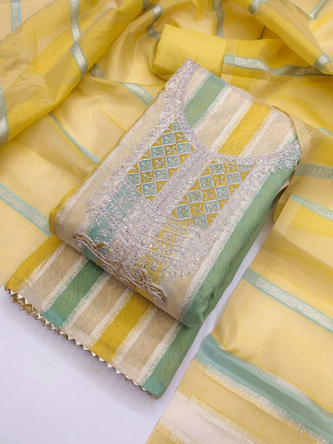 Radiant Yellow Striped Weaving Shimmer Dress Material With Elegant Cording Embroidery Work - Image 5