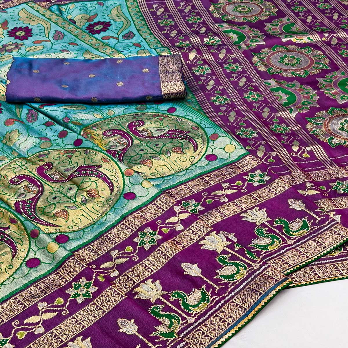 Rama Blue Cotton Silk Saree Adorned with Elegant Swarovski Work and Fine Woven Detailing - Image 2