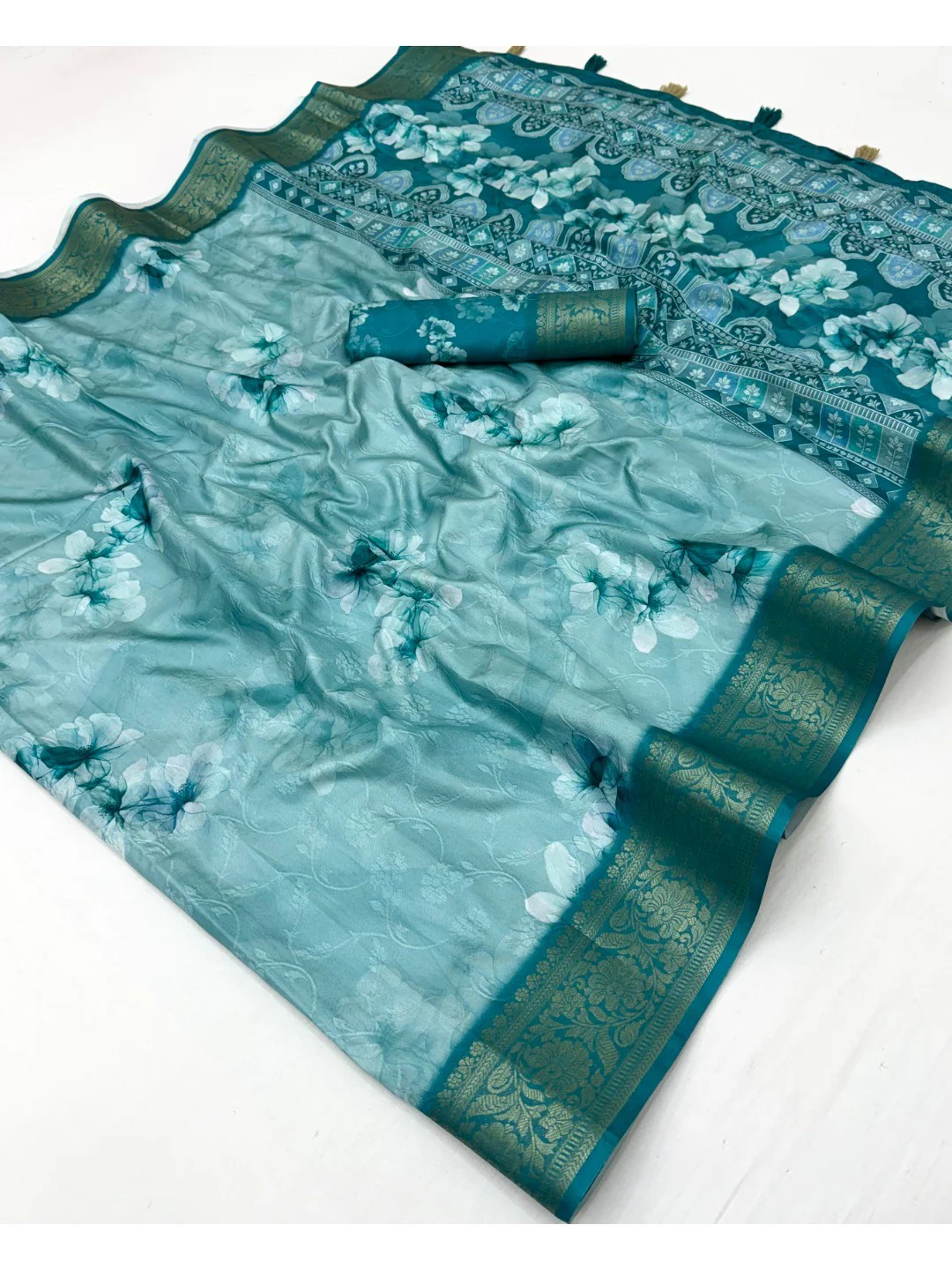 Rama Blue Dola Silk Saree with Floral Digital Print and Jacquard Border - Image 2