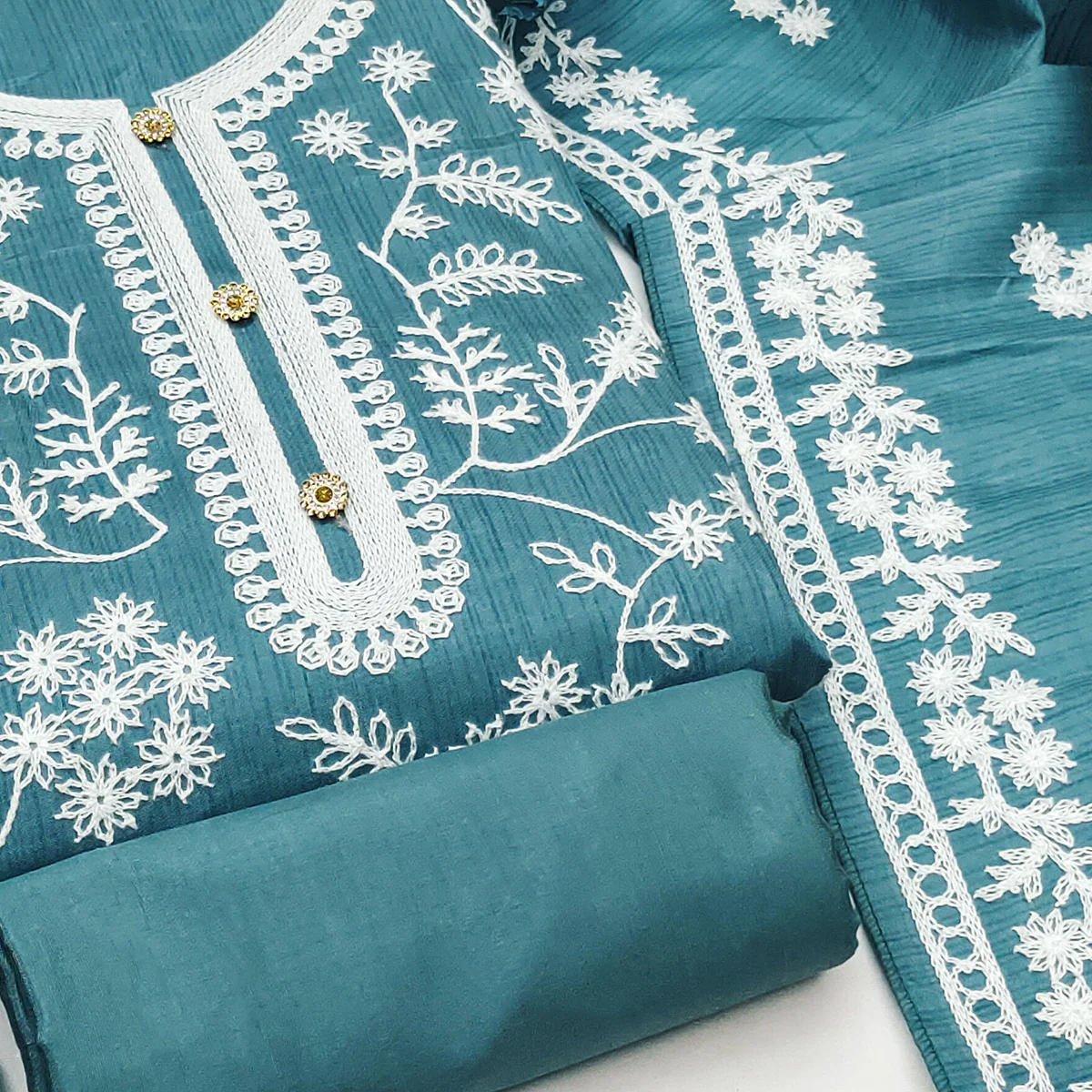 Rama Blue Floral Embroidered Art Silk Dress Material - Image 2