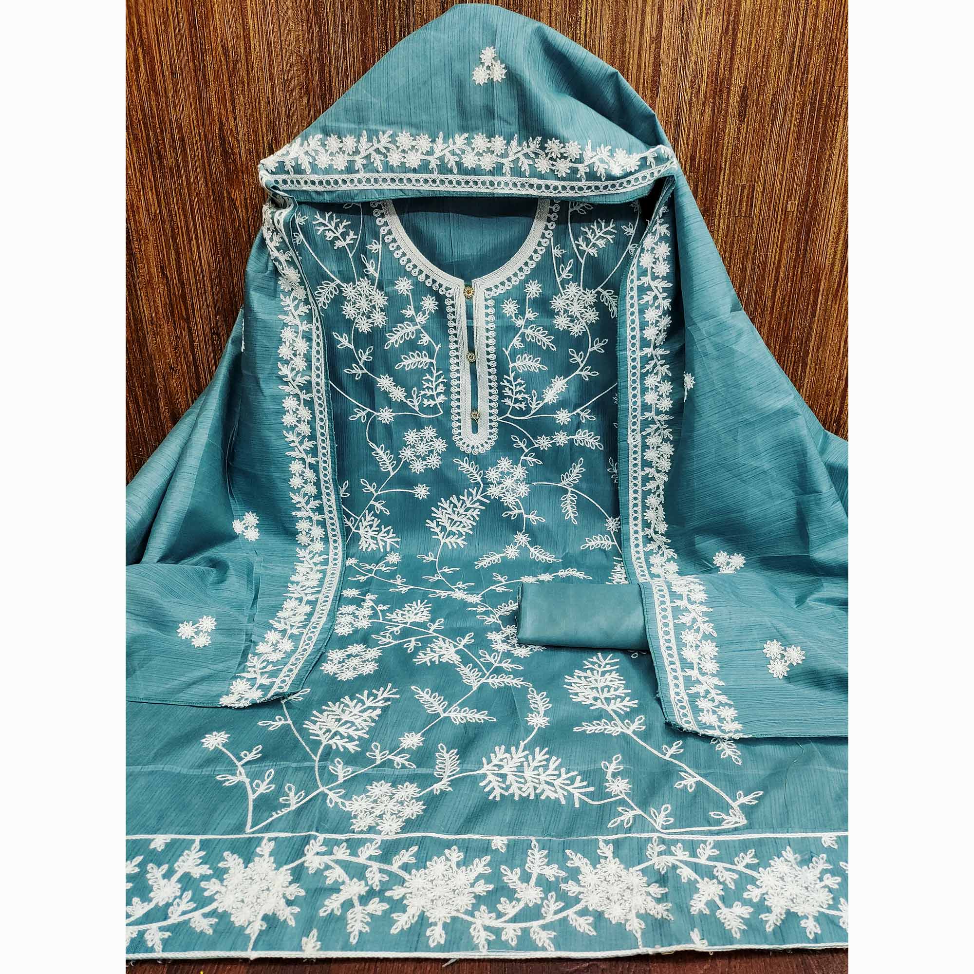 Rama Blue Floral Embroidered Art Silk Dress Material - Image 4