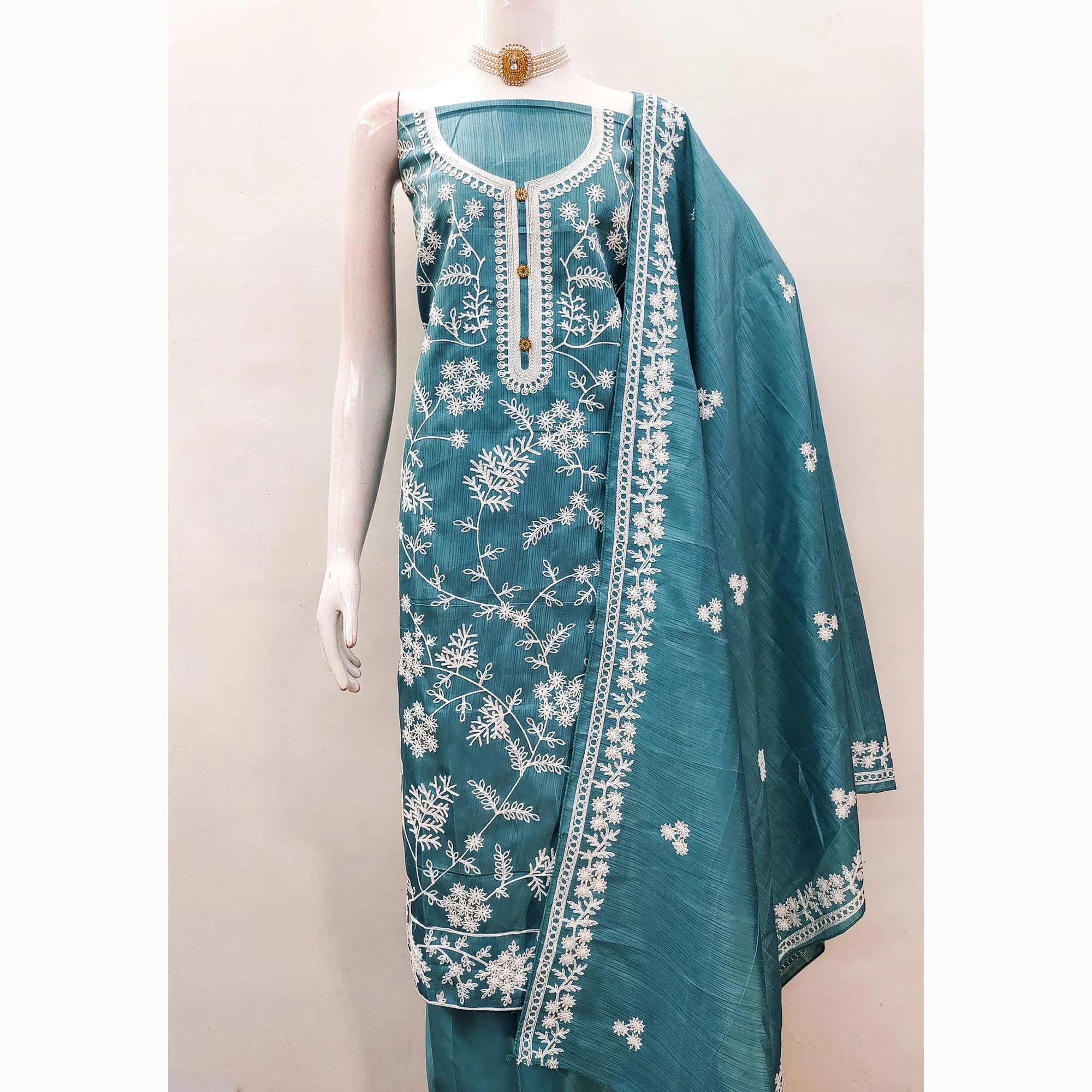 Rama Blue Floral Embroidered Art Silk Dress Material - Image 5