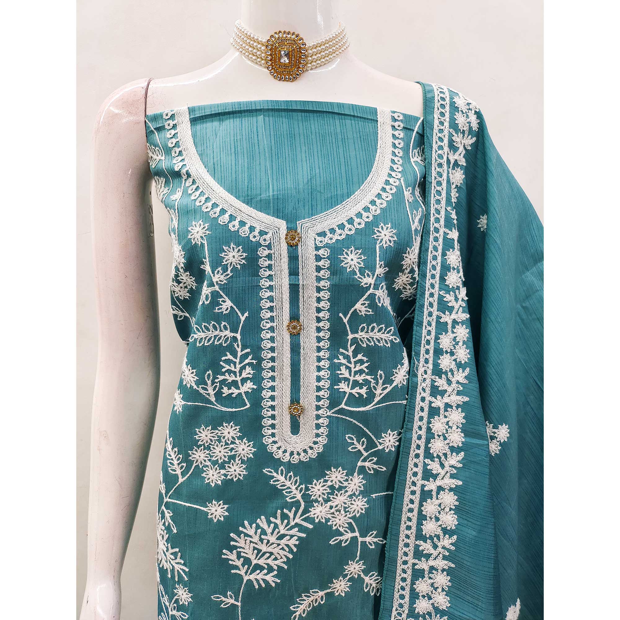 Rama Blue Floral Embroidered Art Silk Dress Material - Image 6