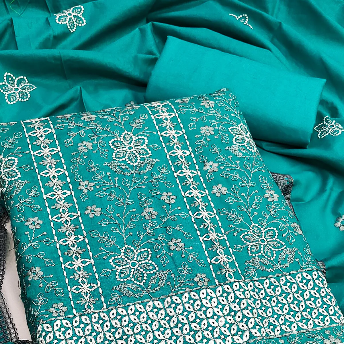 Rama Blue Floral Embroidered Pure Cotton Dress Material - Image 2