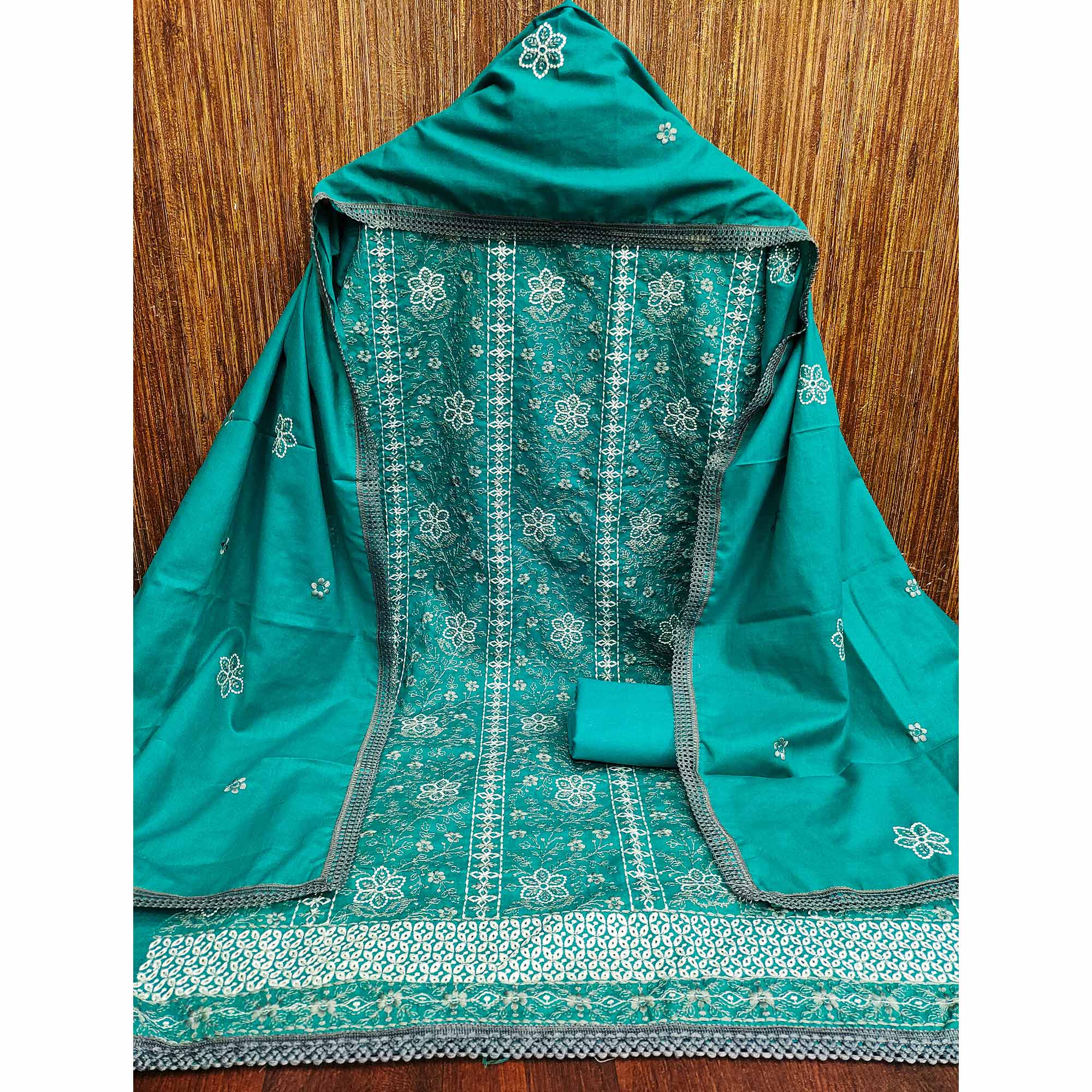 Rama Blue Floral Embroidered Pure Cotton Dress Material - Image 3