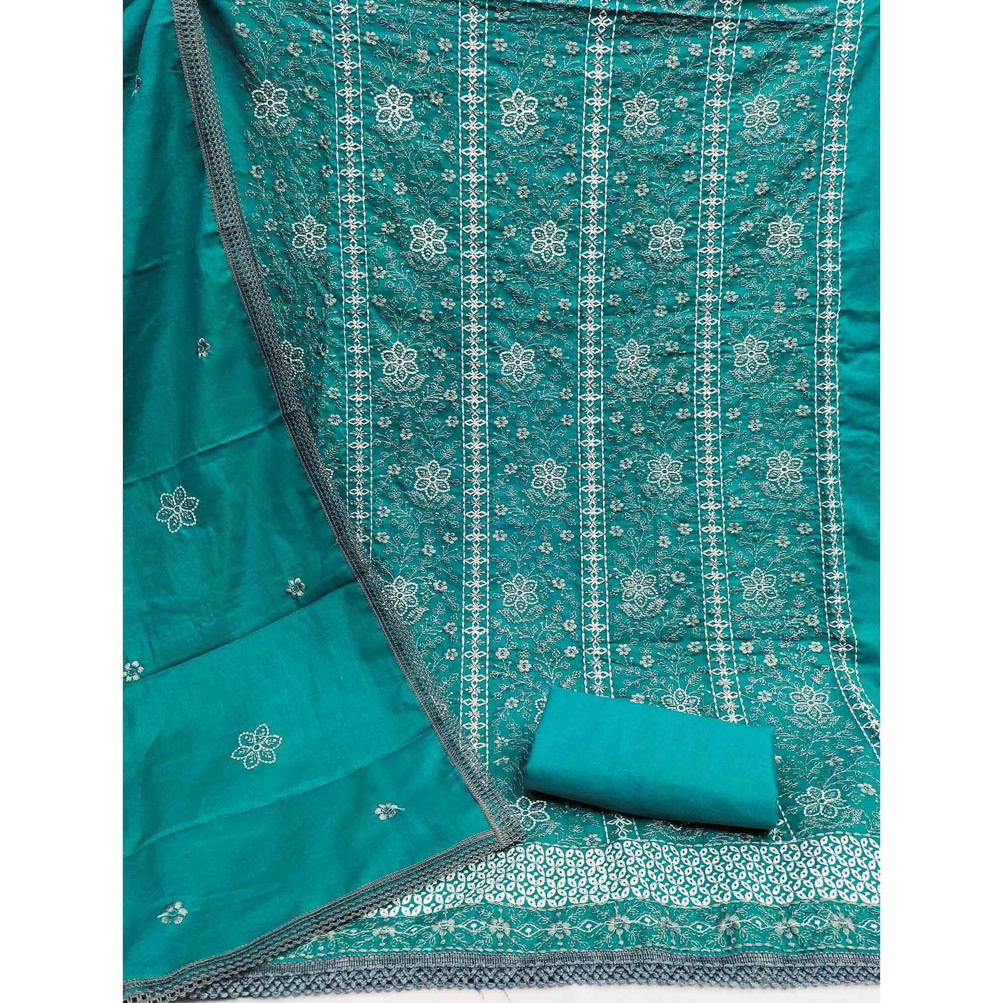 Rama Blue Floral Embroidered Pure Cotton Dress Material - Image 4