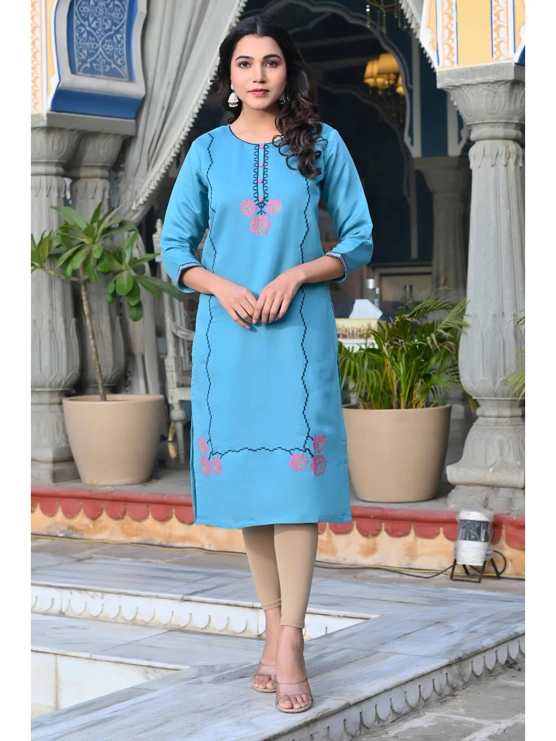Rama Blue Floral Embroidered Viscose Straight Kurti - Image 3