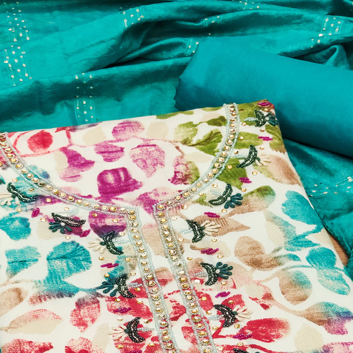 Rama Blue Floral Foil Printed With Handwork Modal Cotton Silk Dress Material - Image 2