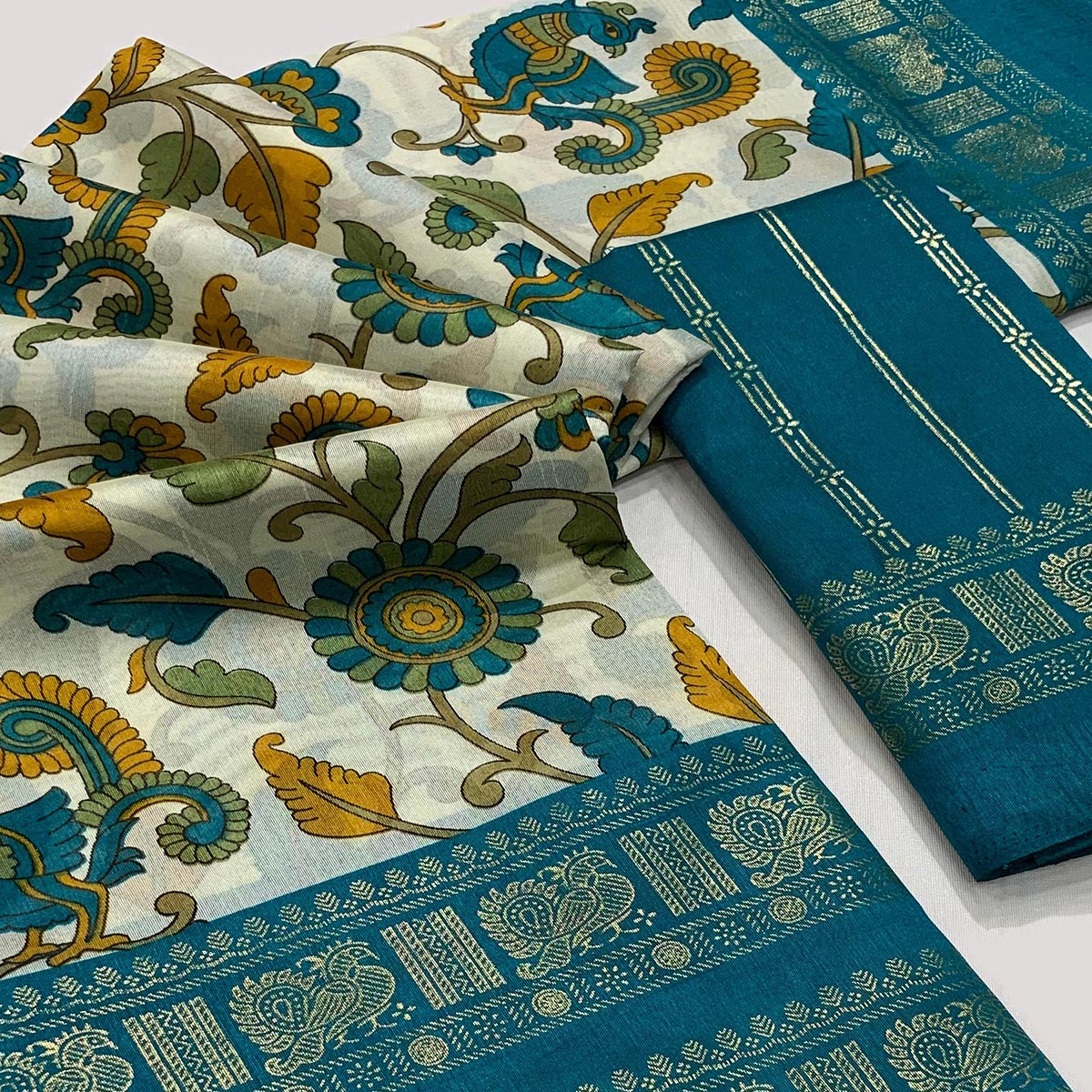 Rama Blue Floral Printed Dola Silk Saree - Image 2