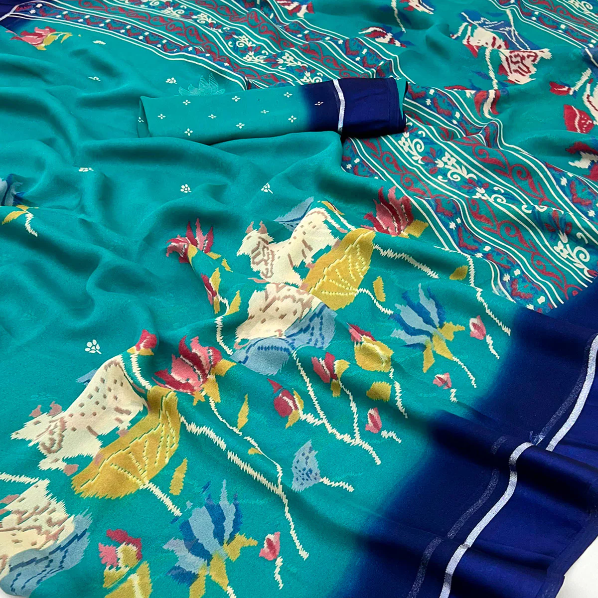 Rama Blue Floral Printed Georgette Saree With Satin Border - Image 2
