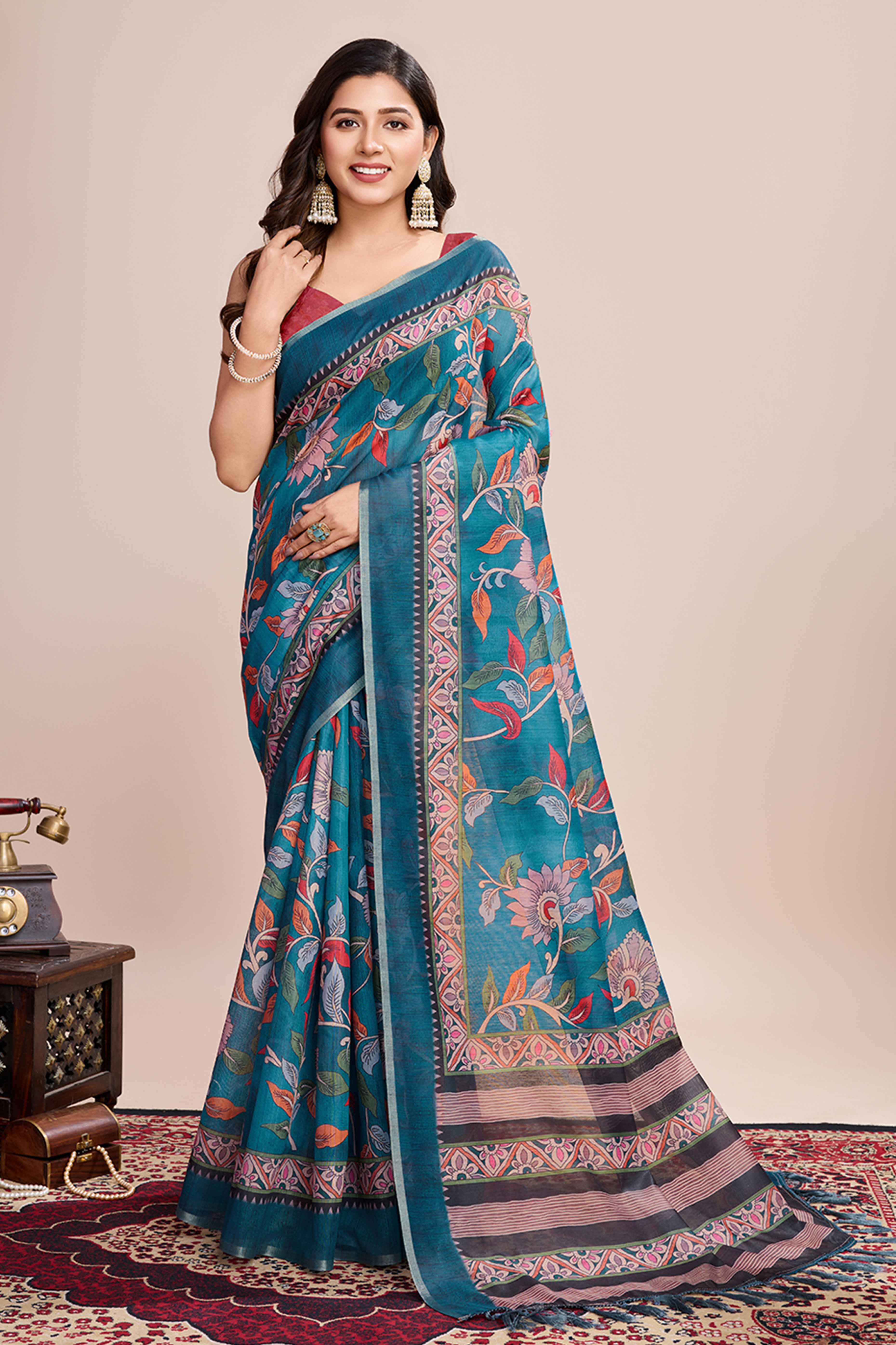 Rama Blue Floral Printed Linen Saree - Image 3