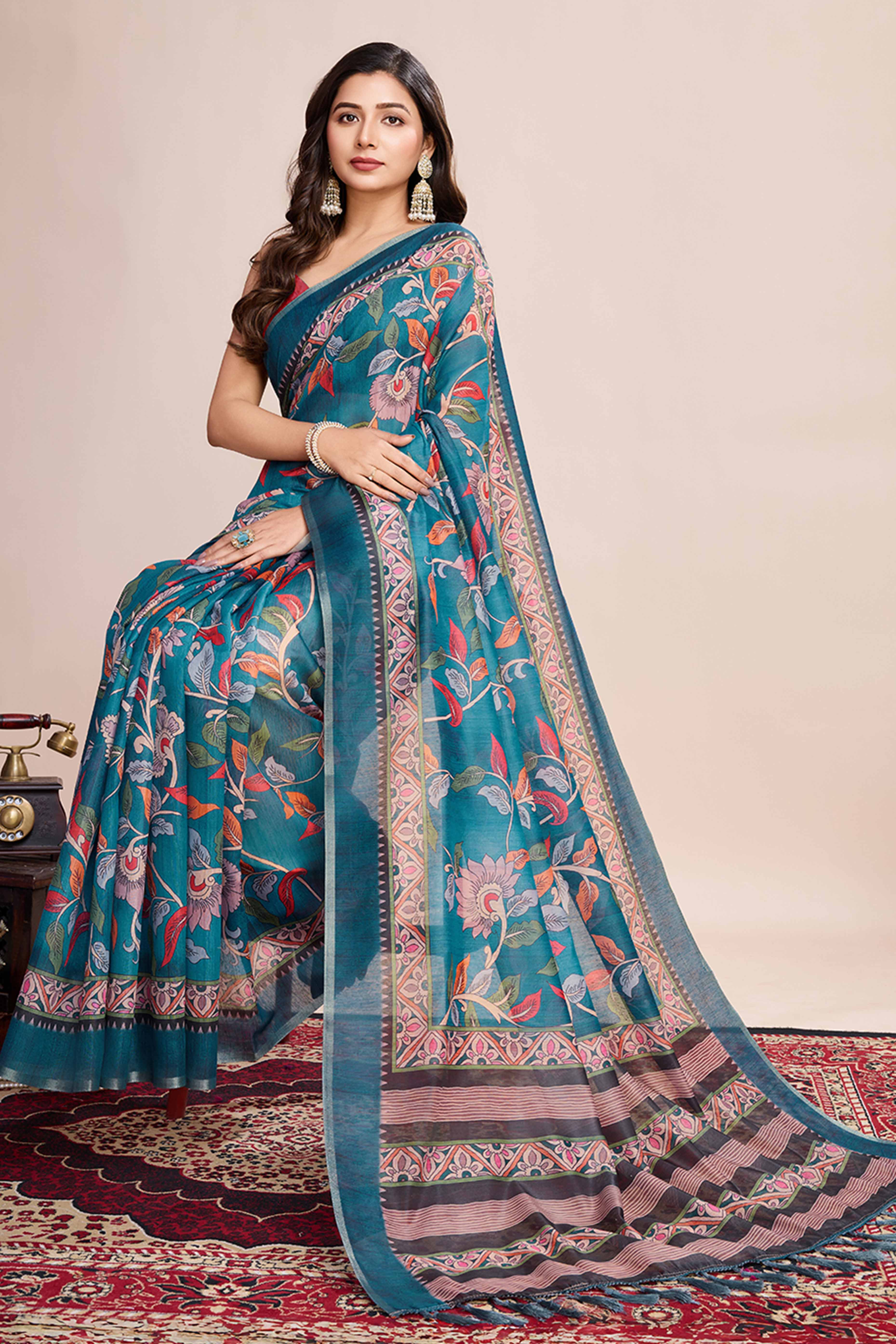 Rama Blue Floral Printed Linen Saree - Image 4