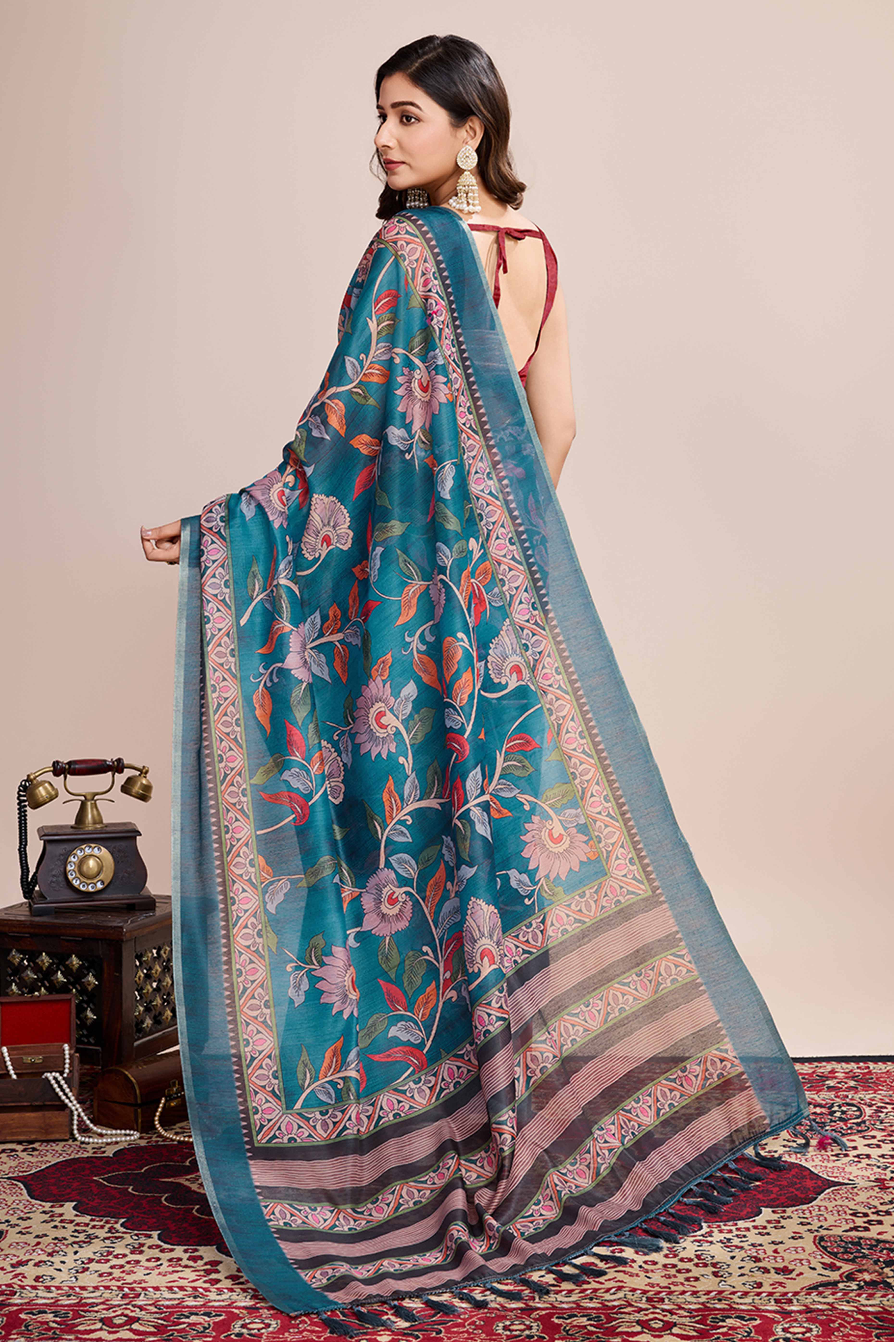 Rama Blue Floral Printed Linen Saree - Image 5