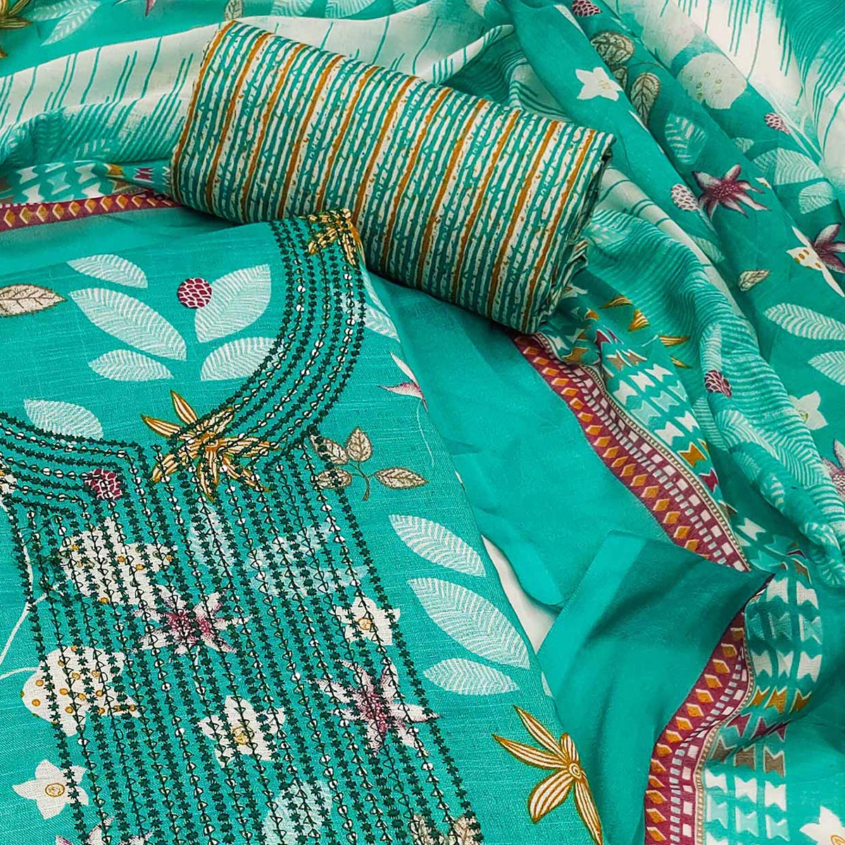 Rama Blue Floral Printed With Sequins Embroidered Pure Cotton Dress Material