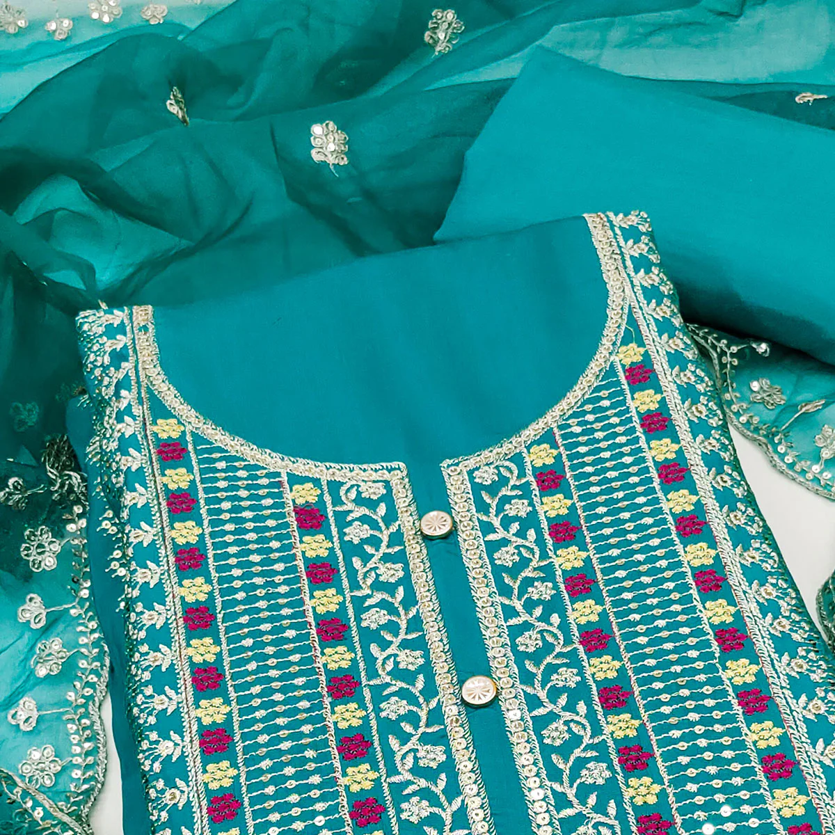Rama Blue Floral Sequins Embroidered Roman Cotton Silk Dress Material - Image 2