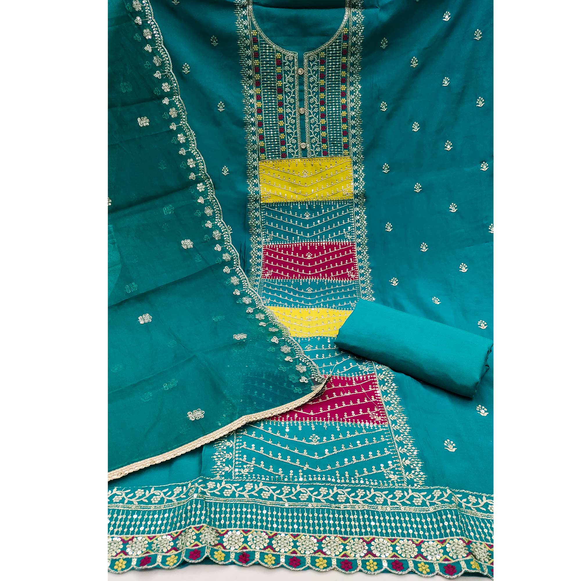 Rama Blue Floral Sequins Embroidered Roman Cotton Silk Dress Material - Image 4