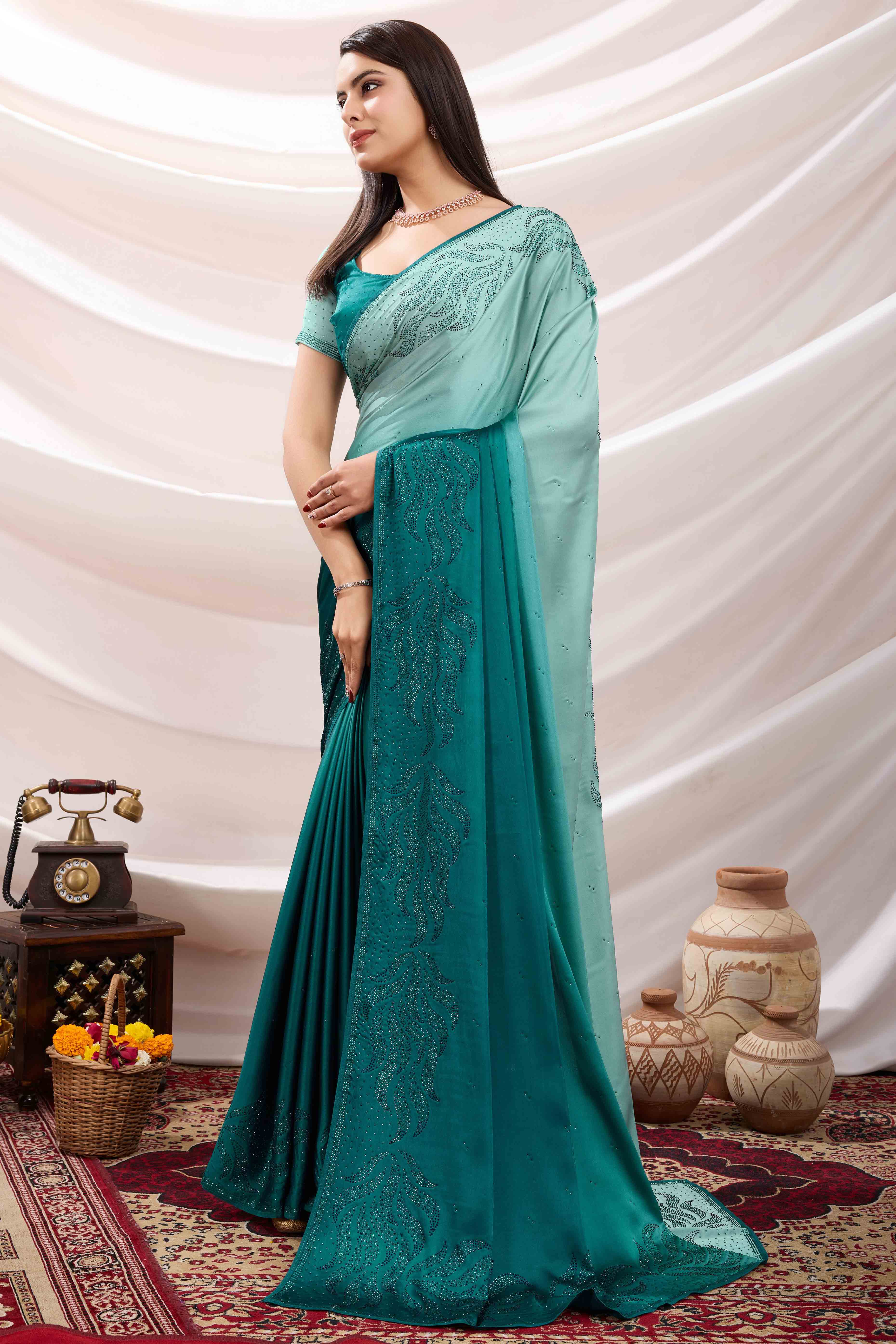 Rama Blue Floral Swarovski Work Satin Saree - Image 3