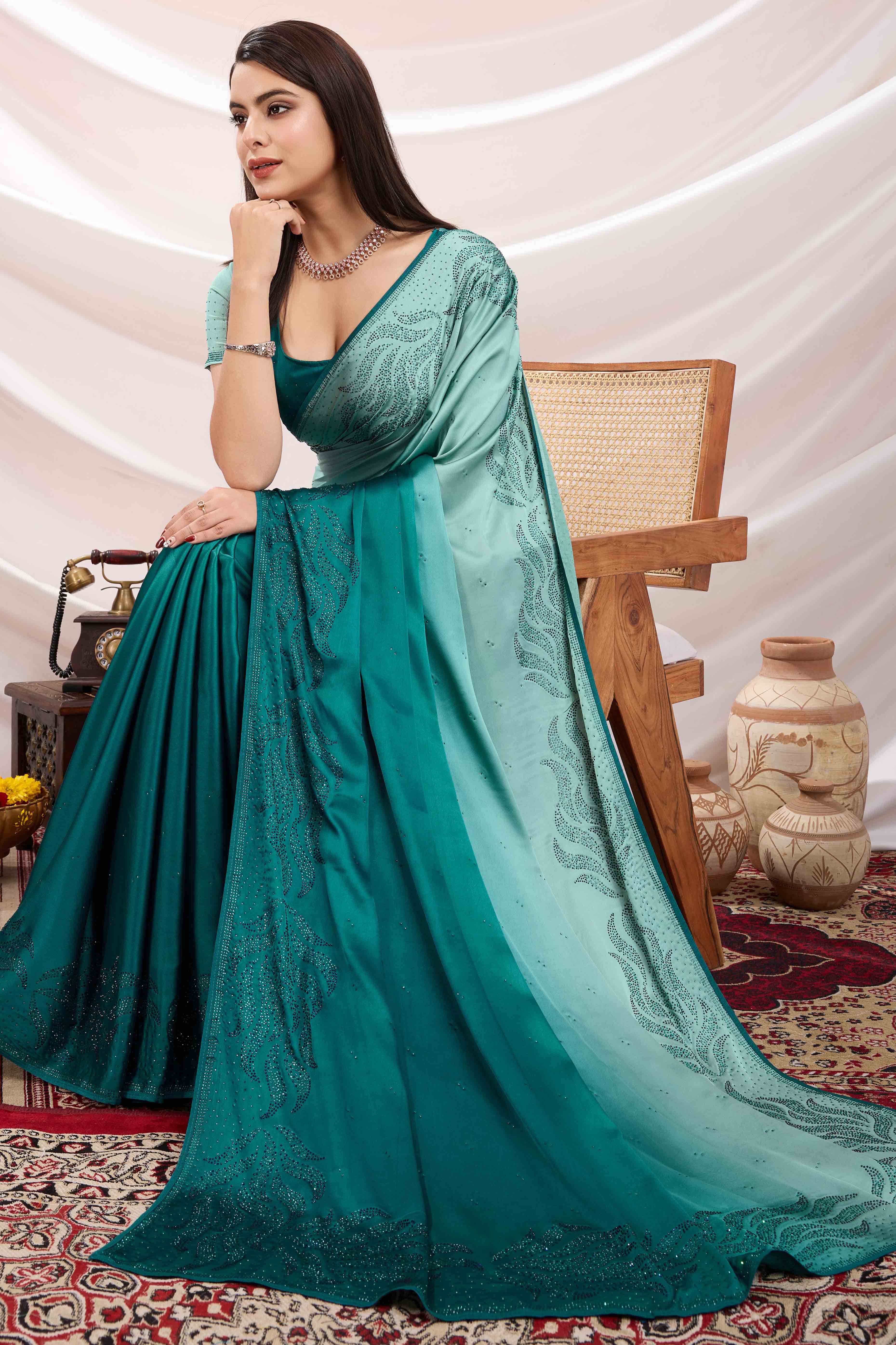 Rama Blue Floral Swarovski Work Satin Saree - Image 4
