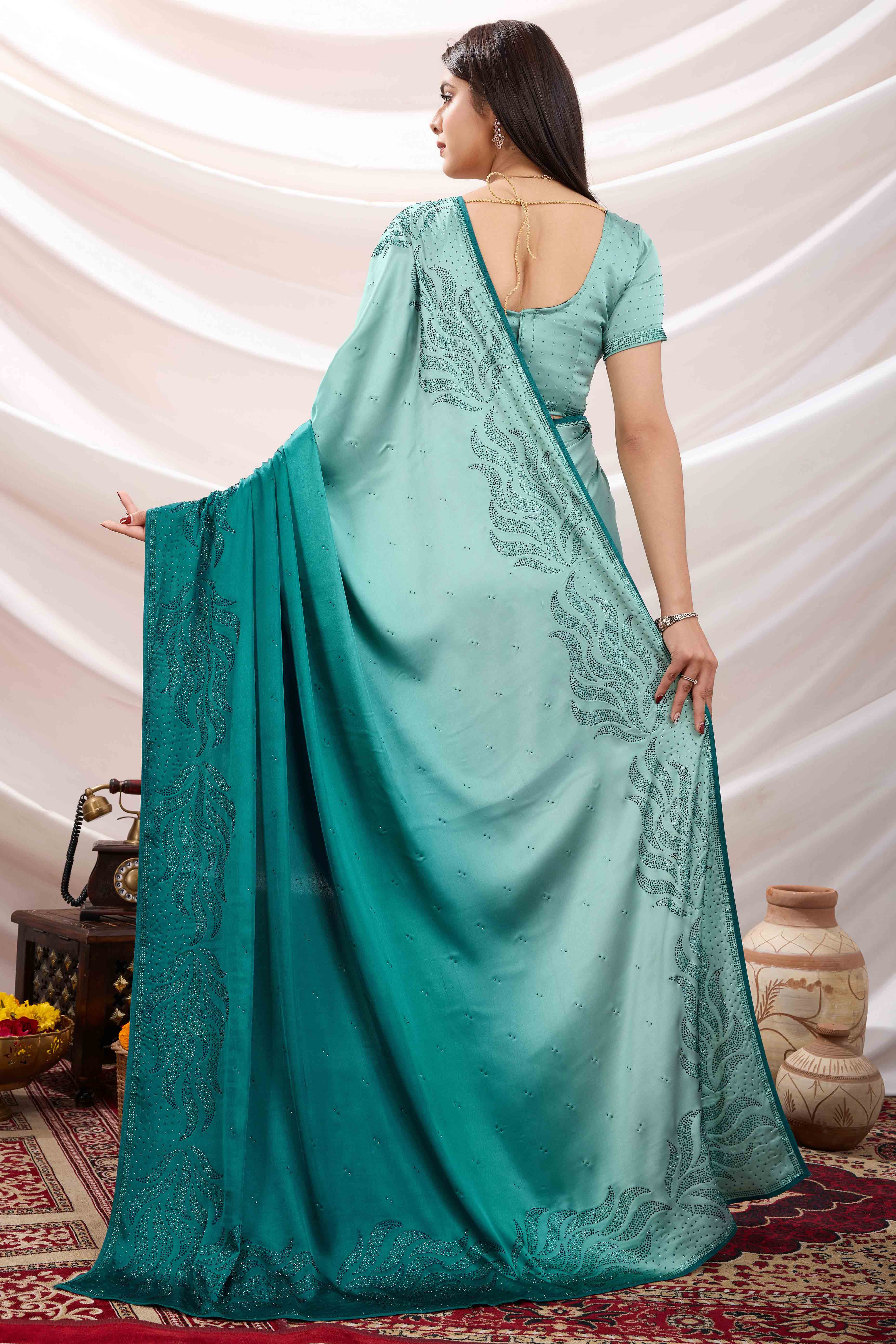 Rama Blue Floral Swarovski Work Satin Saree - Image 5