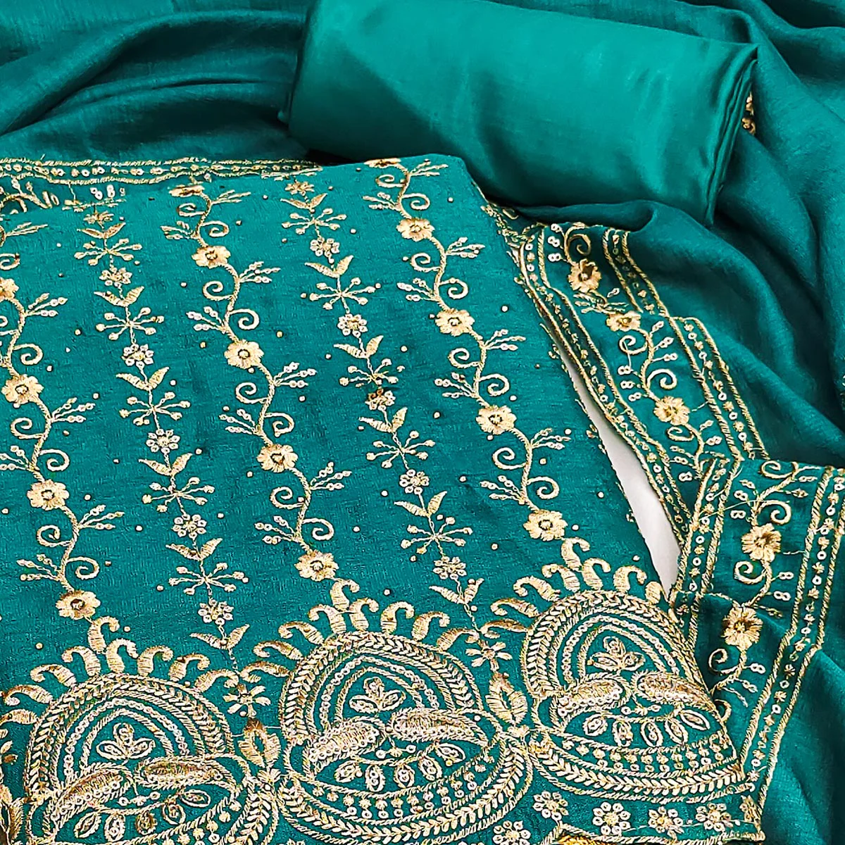 Rama Blue Floral Vichitra Silk Dress Material Adorned With Floral Embroidery & Swarovski Work - Image 2
