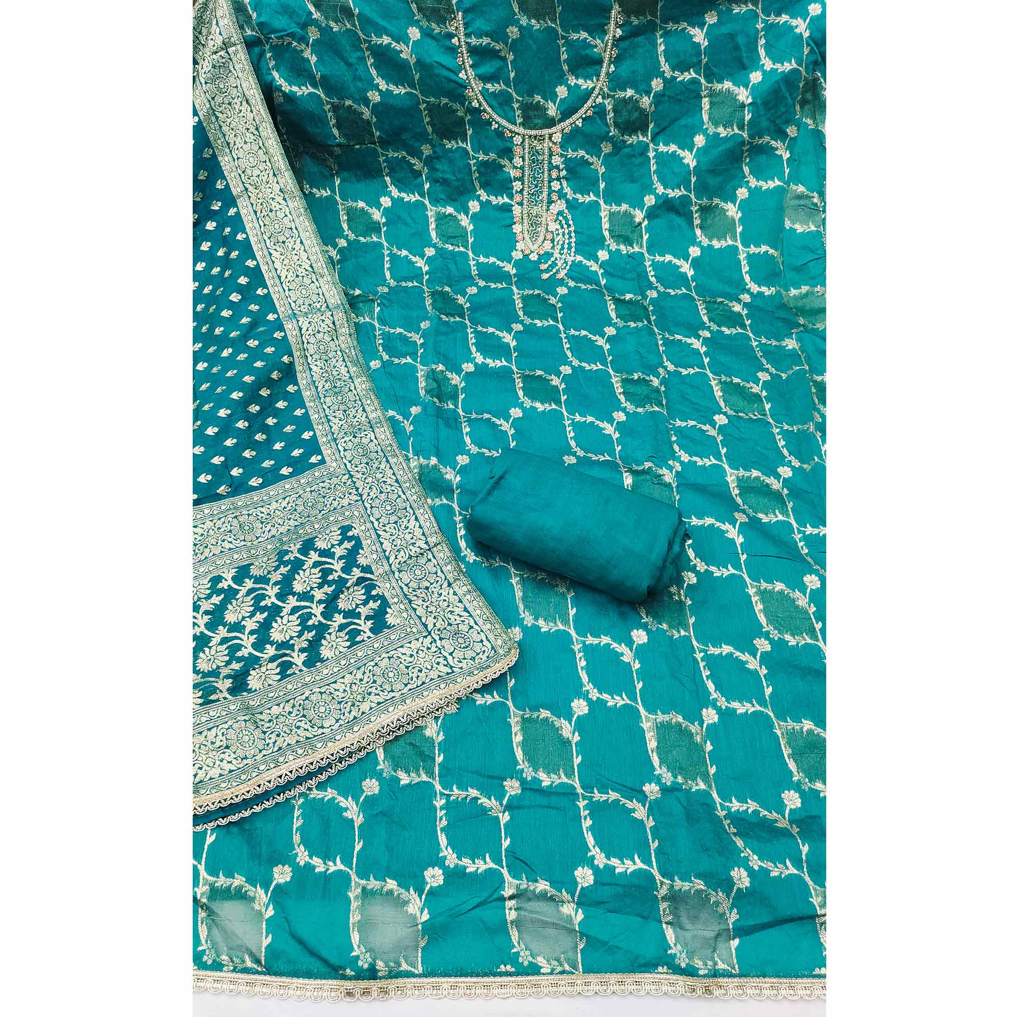 Rama Blue Floral Weaving Banarasi Silk Dress Material Featuring Sequins & Moti Handwork - Image 4