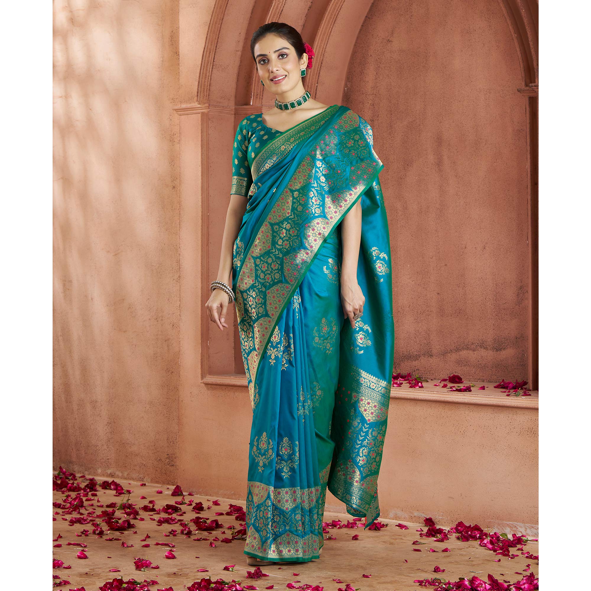 Rama Blue Floral Woven Pure Banarasi Silk Saree - Image 4