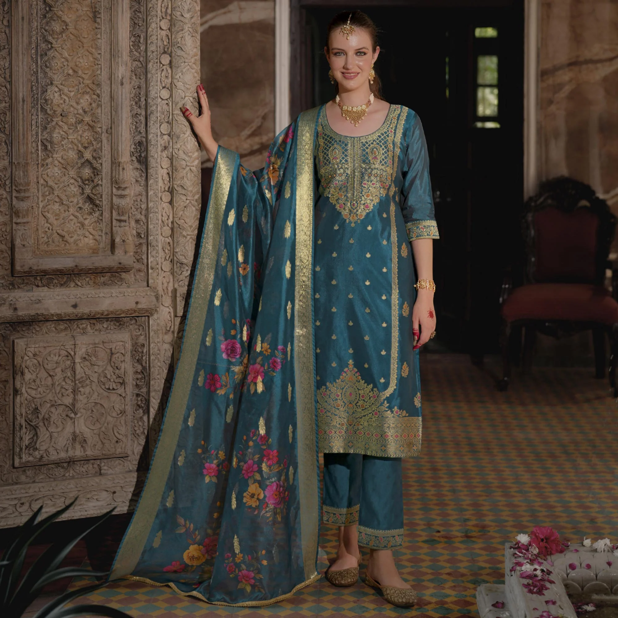 Rama Blue Floral Woven With Handwork Organza Salwar Suit - Image 2