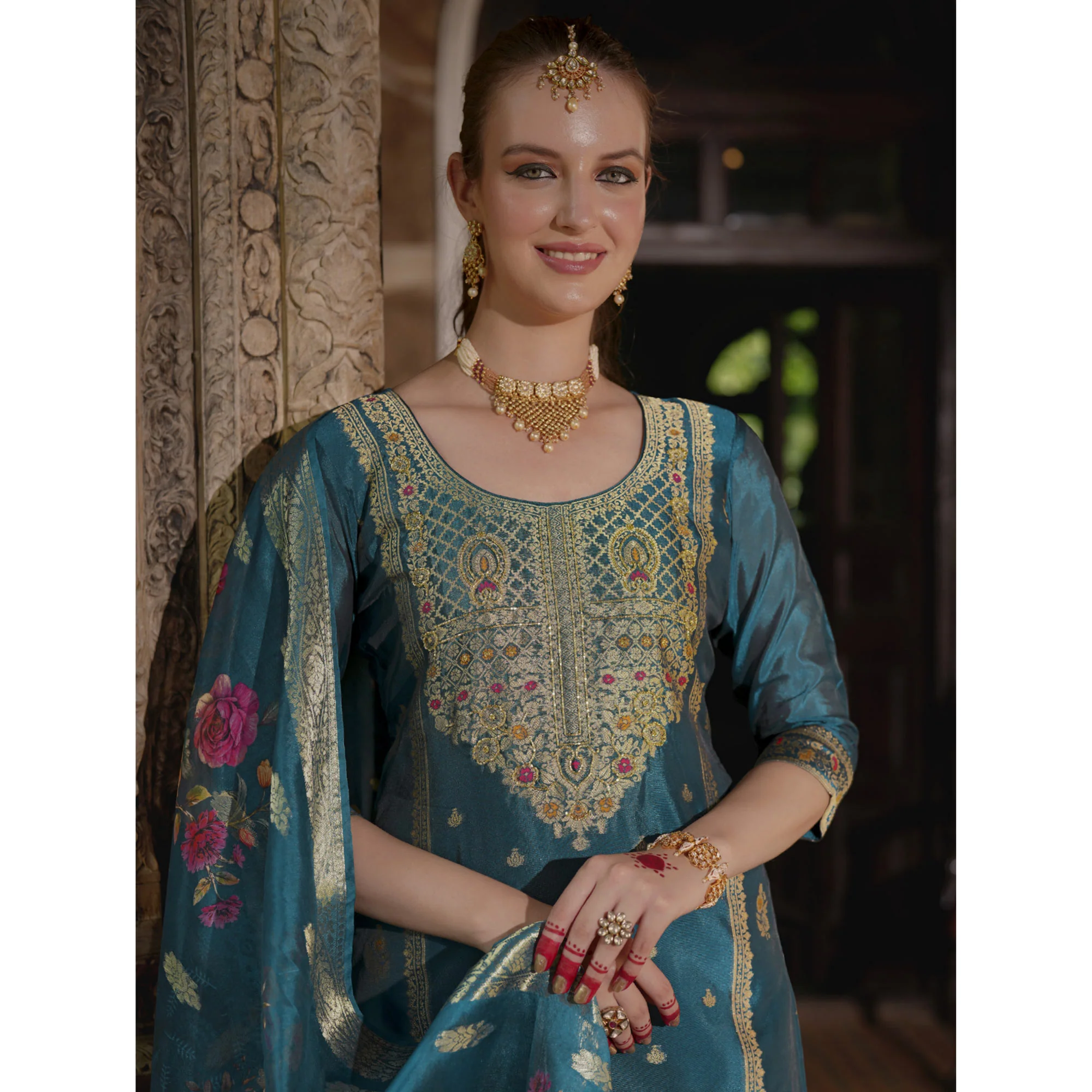 Rama Blue Floral Woven With Handwork Organza Salwar Suit - Image 4