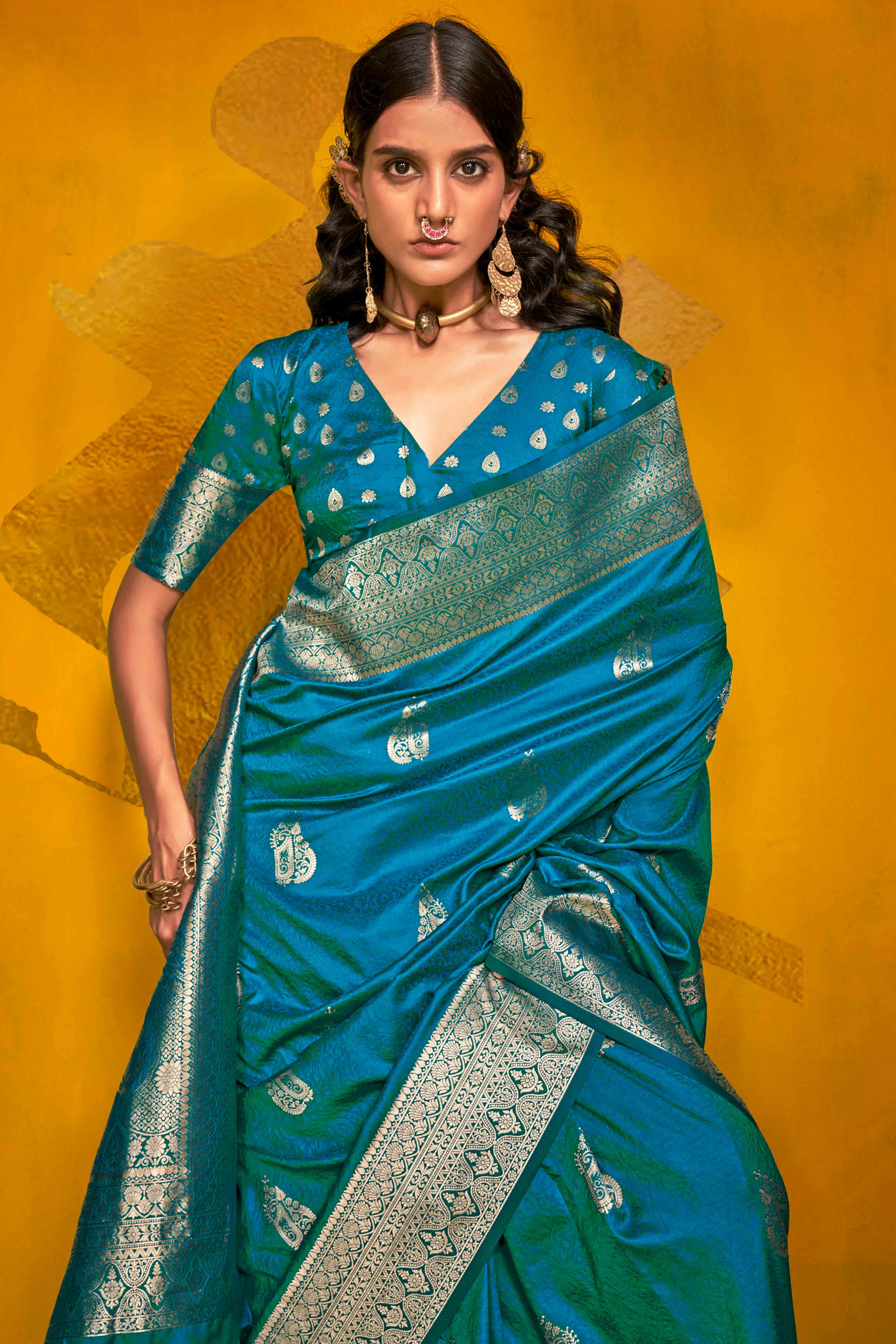 5Rama Blue Floral Zari Weaving Banarasi Silk Saree - Image 3