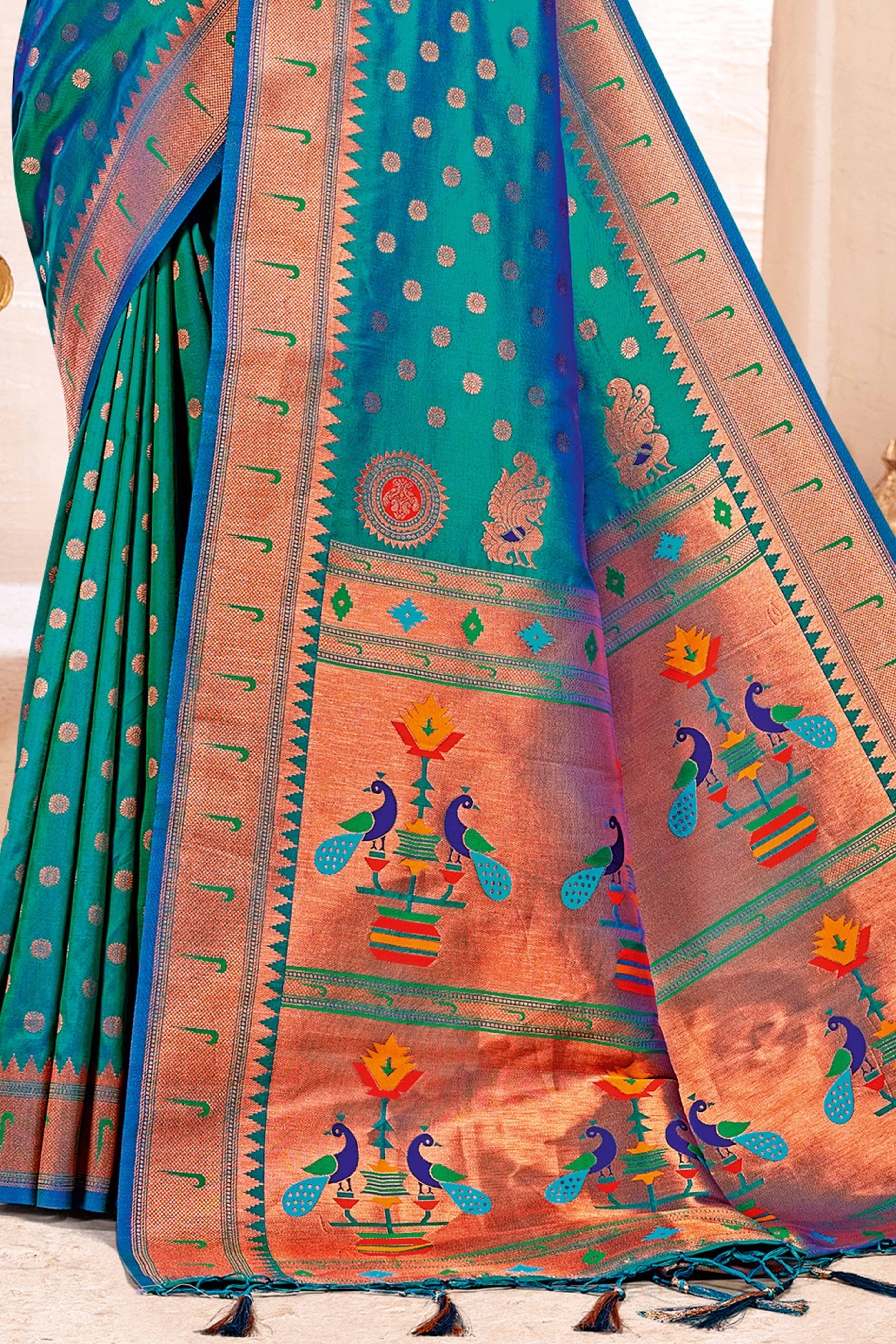 Rama Blue Floral Zari Weaving Paithani Saree In Lustrous Banarasi Silk With Tassel Pallu - Image 4