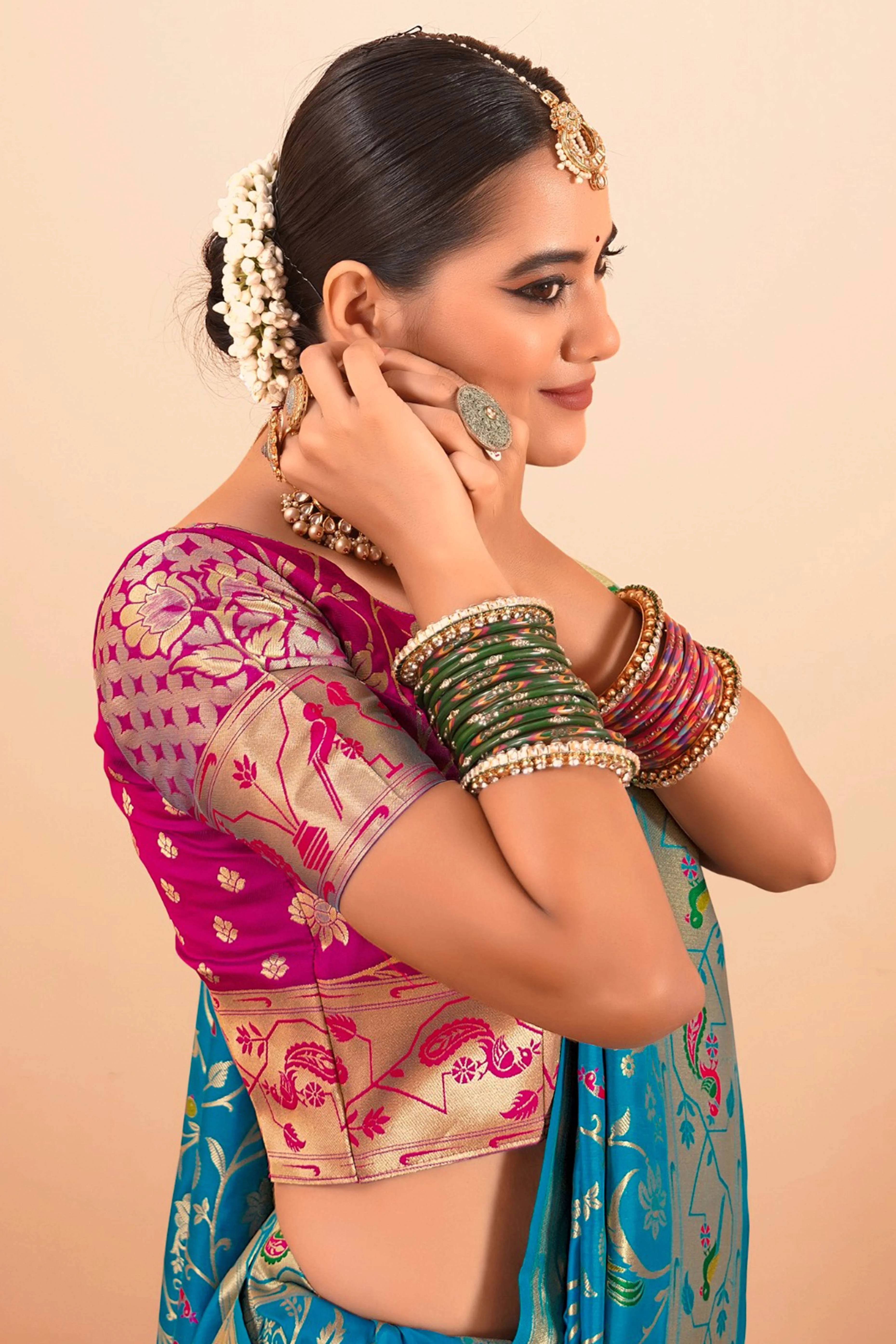 Rama Blue Floral Zari Weaving Pure Silk Paithani Saree - Image 3