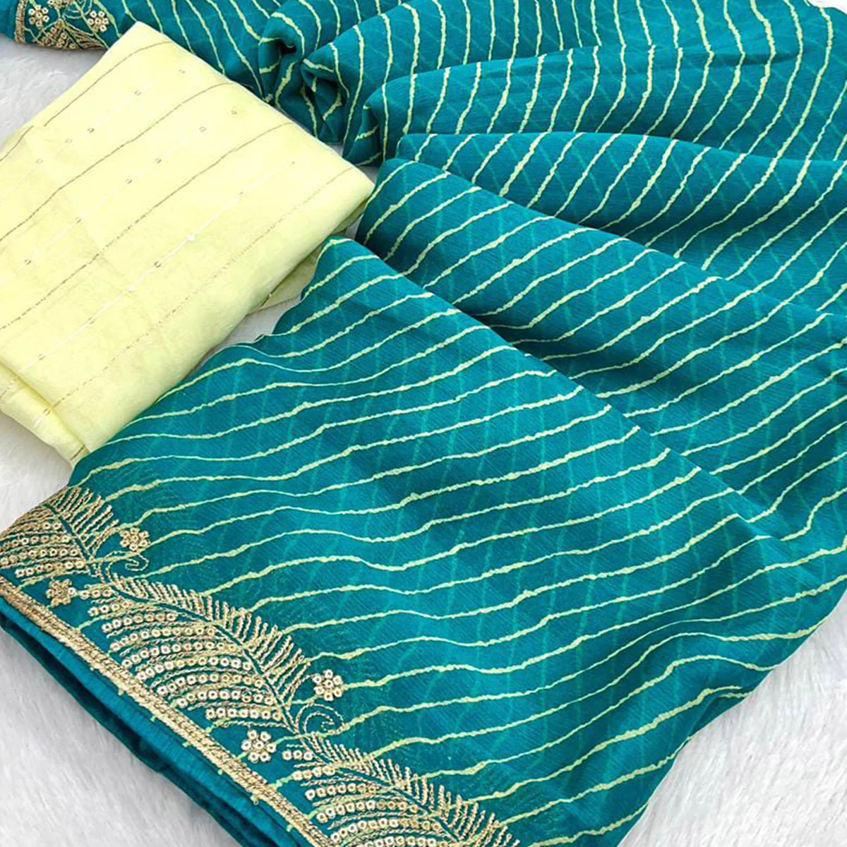 Rama Blue Leheriya Printed Chiffon Saree With Sequins Embroidered Border - Image 2