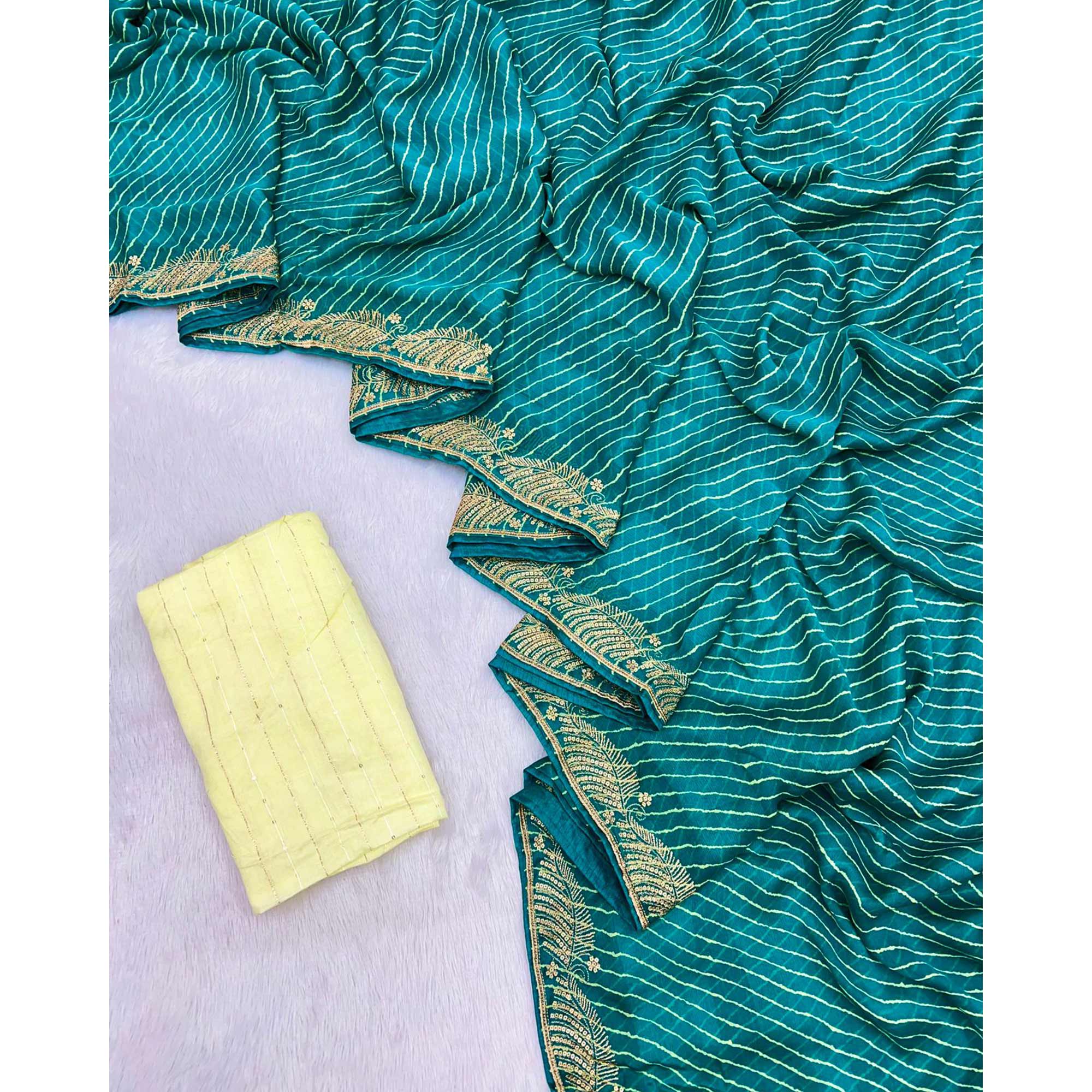Rama Blue Leheriya Printed Chiffon Saree With Sequins Embroidered Border - Image 3