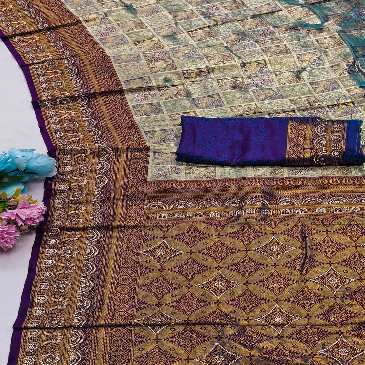 Rama Blue Lightweight Cotton Silk Saree Highlighted with Intricate Woven Pattern & Swarovski Sparkle - Image 2
