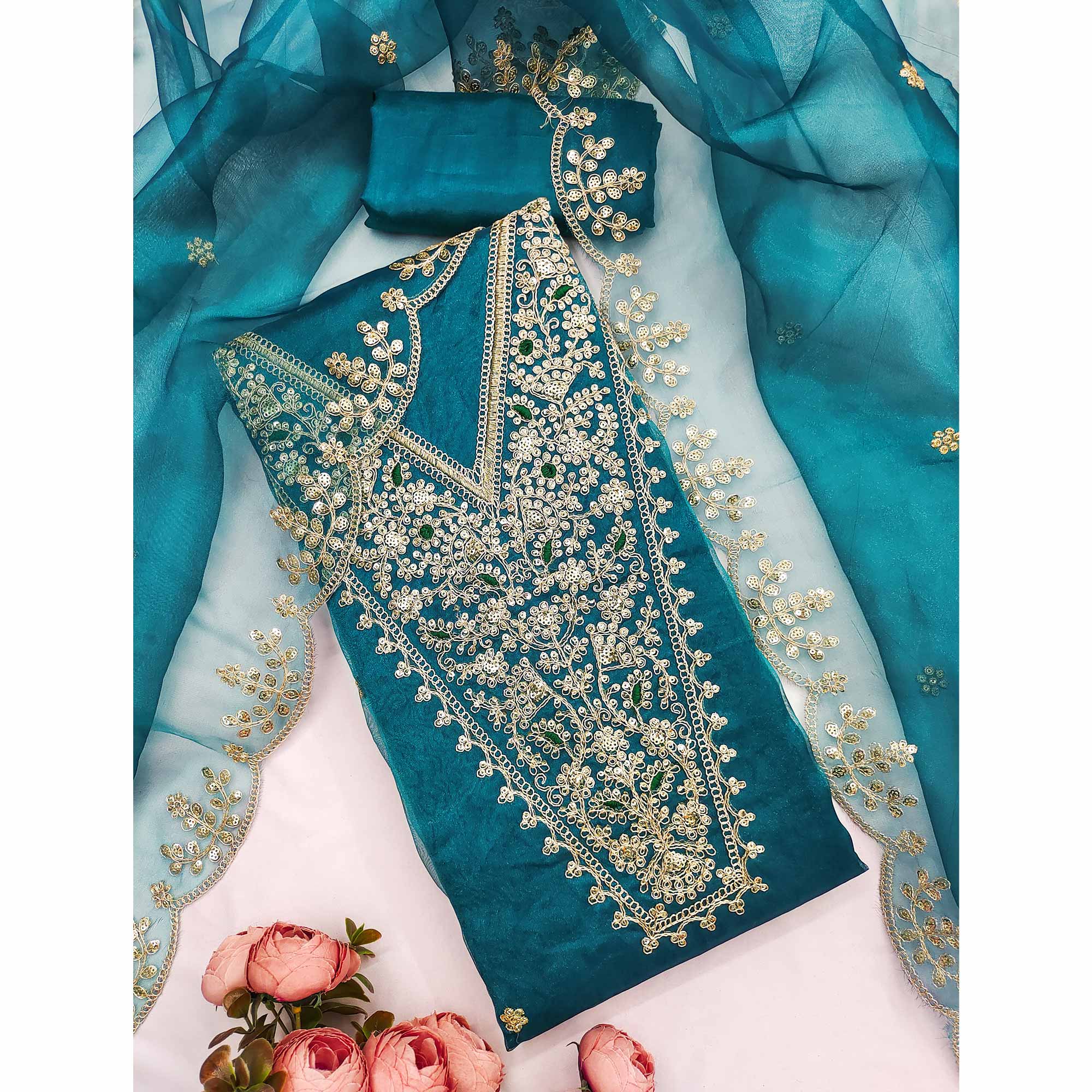 Rama Blue Organza Fabric With Delicate Floral Cording Embroidery & Shimmering Sequins Work - Image 3